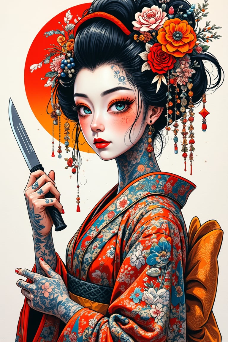 A professional drawing with colored pencils. A very tattooed geisha,with a strange expression and a big knife in his hand. Japanese and European style. Well nuanced colors,contrasting colors. Some graffiti style and vector art,PatternMix,