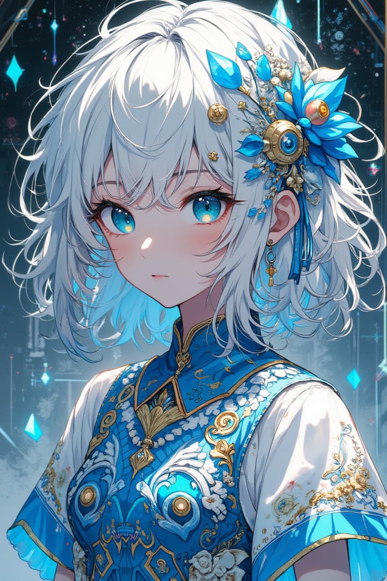 1girl, highly detailed, glowing blue eyes, wavy short white hair, ornate dress, masterpiece, pale blue scales, scales near eyes,PatternMix,