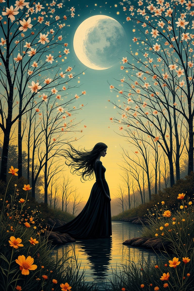 Surrealist oil painting featuring a silhouetted woman in a long black dress with flowing hair standing amidst delicate blooming trees under a large crescent moon, smaller orbs against a teal and yellow gradient sky, wildflowers and grasses detailed in the foreground, reflective water and distant treeline in the background, contrasting light and dark elements with intricate patterns and textures in the foliage, ethereal and mystical atmosphere, soft brushstrokes creating a dreamlike quality,PatternMix,