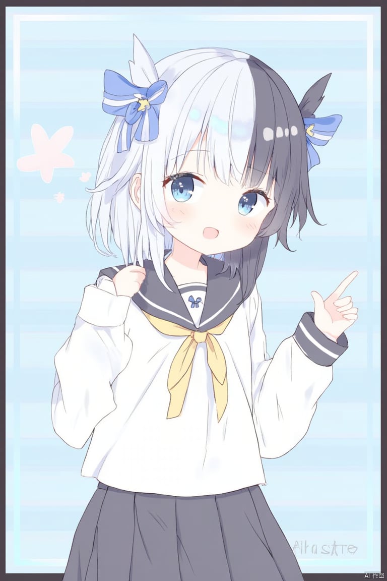 1girl, 

alice mana, 

multicolored_hair, shirt, black_hair, white_hair, split-color_hair, pleated skirt, eyelashes, white shirt, hand up, :d, happy, blue eyes, light blush, skirt, ribbon, looking at viewer, ahoge, multicolored hair, blue background, border, yellow neckerchief, watermark, open mouth, blue bow, striped, long sleeves, sailor collar, blue hair, light blue hair, short hair, white border, black hair, blue sailor collar, grey hair, smile, striped background, yellow ribbon, colored eyelashes, neckerchief, bow, hair bobbles, school uniform, hair ribbon, hair ornament, black border, drop shadow, arm at side, black skirt,

masterpiece, newest, absurdres, safe