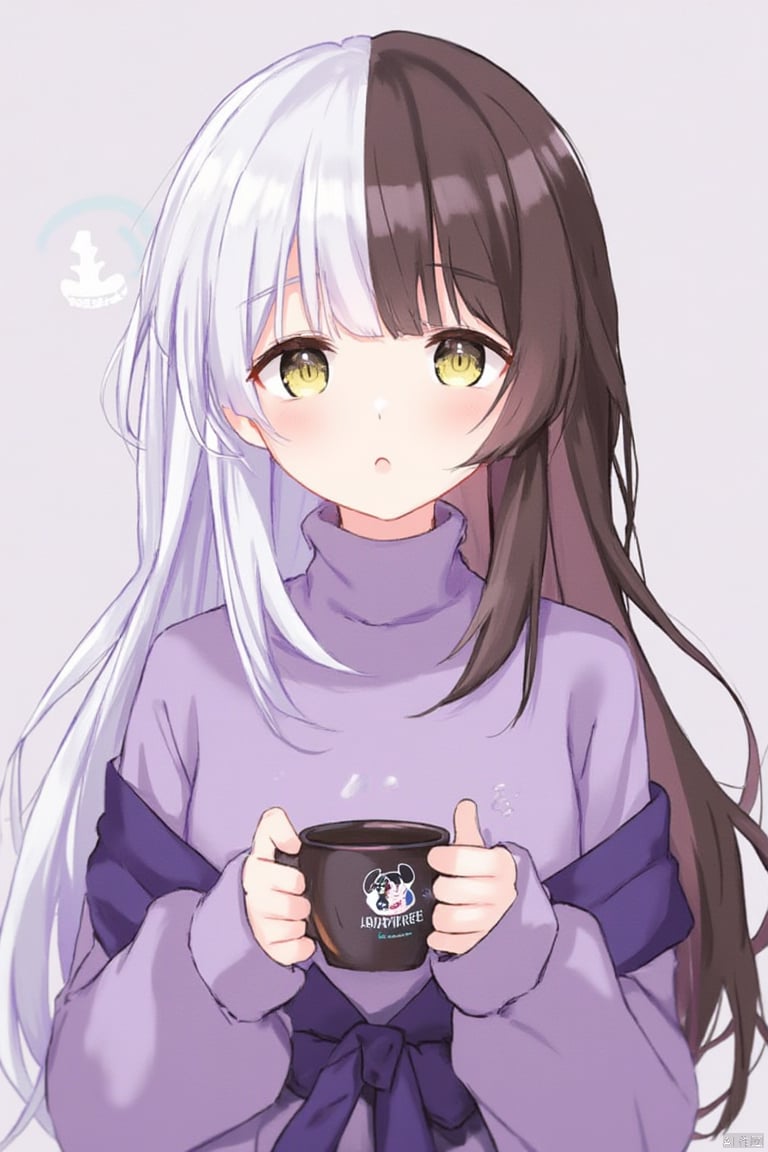 1girl, 

alice mana, 

multicolored_hair, shirt, black_hair, white_hair, split-color_hair, wavy hair, mug, multicolored clothes, holding chess piece, very long hair, cup, long sleeves, yellow eyes, bubble, logo, short hair, purple shirt, holding, turtleneck, holding cup, blush, parted bangs, brown hair, solo, chess piece,

masterpiece, newest, absurdres, safe