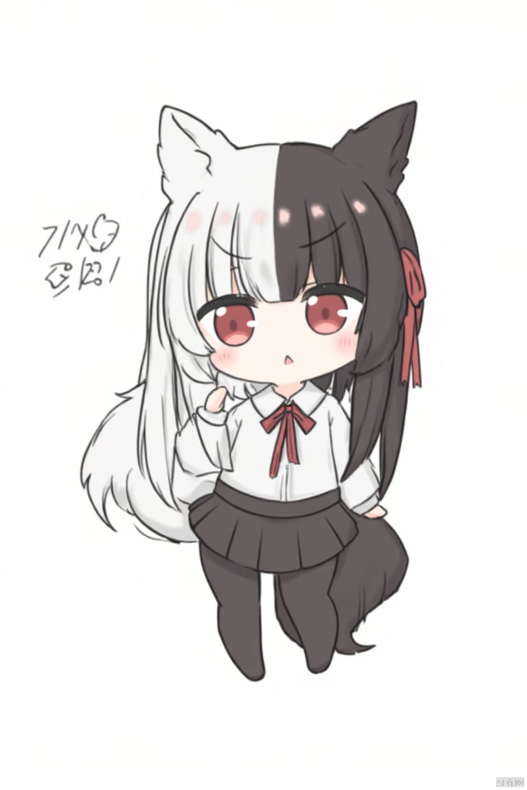 1girl, alice_mana, solo, skirt, multicolored_hair, shirt, black_hair, pantyhose, red_eyes, tail, white_shirt, two-tone_hair, white_background, ribbon, chibi, red_ribbon, animal_ears, black_skirt, full_body, long_sleeves, collared_shirt, hair_ribbon, simple_background, pleated_skirt, dated, blush, white_hair, long_hair, no_shoes, black_pantyhose, standing, looking_at_viewer, signature, black_bow, parted_lips, hand_up, bow, triangle_mouth, neck_ribbon, split-color_hair, :<, animal_ear_fluff, fox_tail, chestnut_mouth