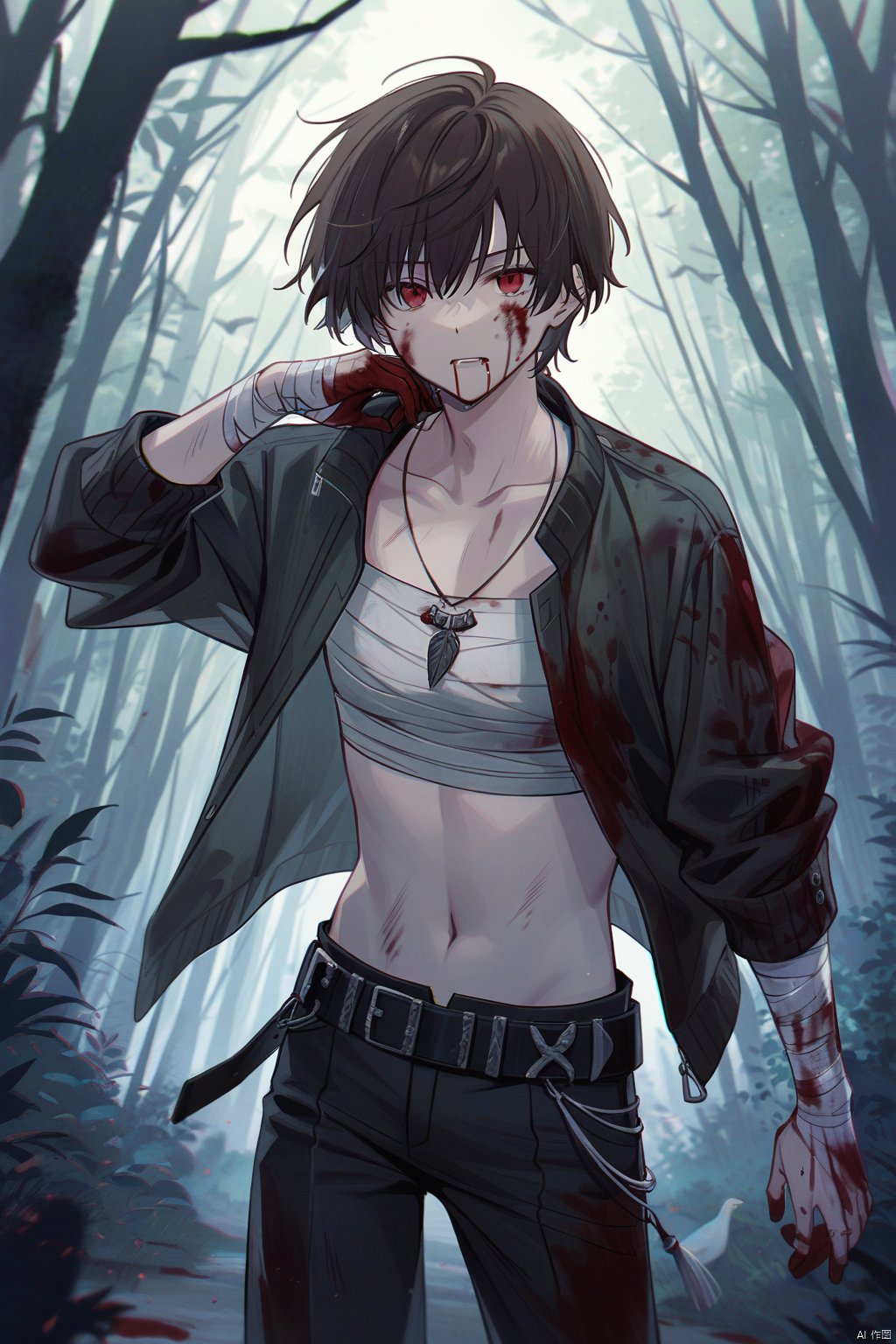 blood, male focus, 1boy, jacket, solo, red eyes, brown hair, blood on face, bird, belt, jewelry, open clothes, pants, injury, nature, open jacket, looking at viewer, blood on hands, bandages, forest, short hair, blood from mouth, blood on clothes, necklace, sarashi, black pants, black belt, shirt, outdoors, navel, long sleeves, collarbone