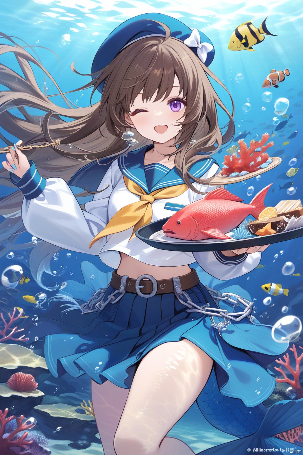 (best quality),(masterpiece),food, 1girl, underwater, hat, air_bubble, one_eye_closed, brown_hair, bubble, solo, plate, fish, holding, smile, blue_headwear, mermaid, purple_eyes, monster_girl, belt, chain, open_mouth, looking_at_viewer, coral, tray, ;d, neckerchief, sailor_collar, skirt, copyright_notice, company_name, long_sleeves, beret