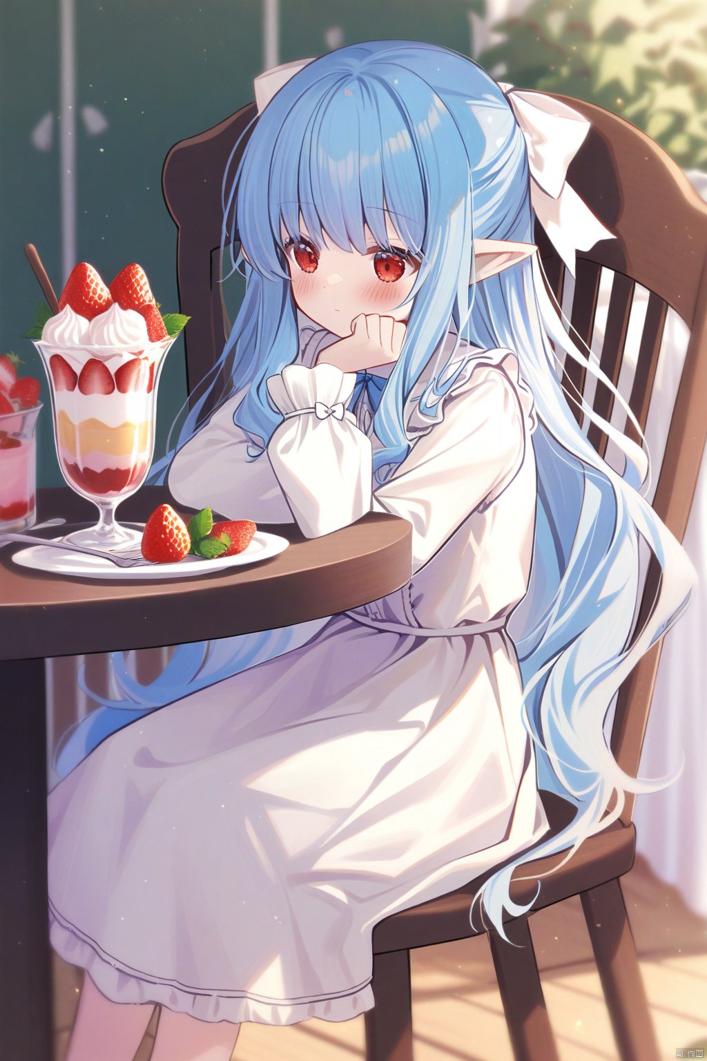 1girl, long_hair, red_eyes, pointy_ears, solo, food, cat, blue_hair, bow, holding, hair_bow, dress, white_dress, closed_mouth, spoon, long_sleeves, parfait, table, sitting, fruit, strawberry, blush, white_bow, chair, blurry