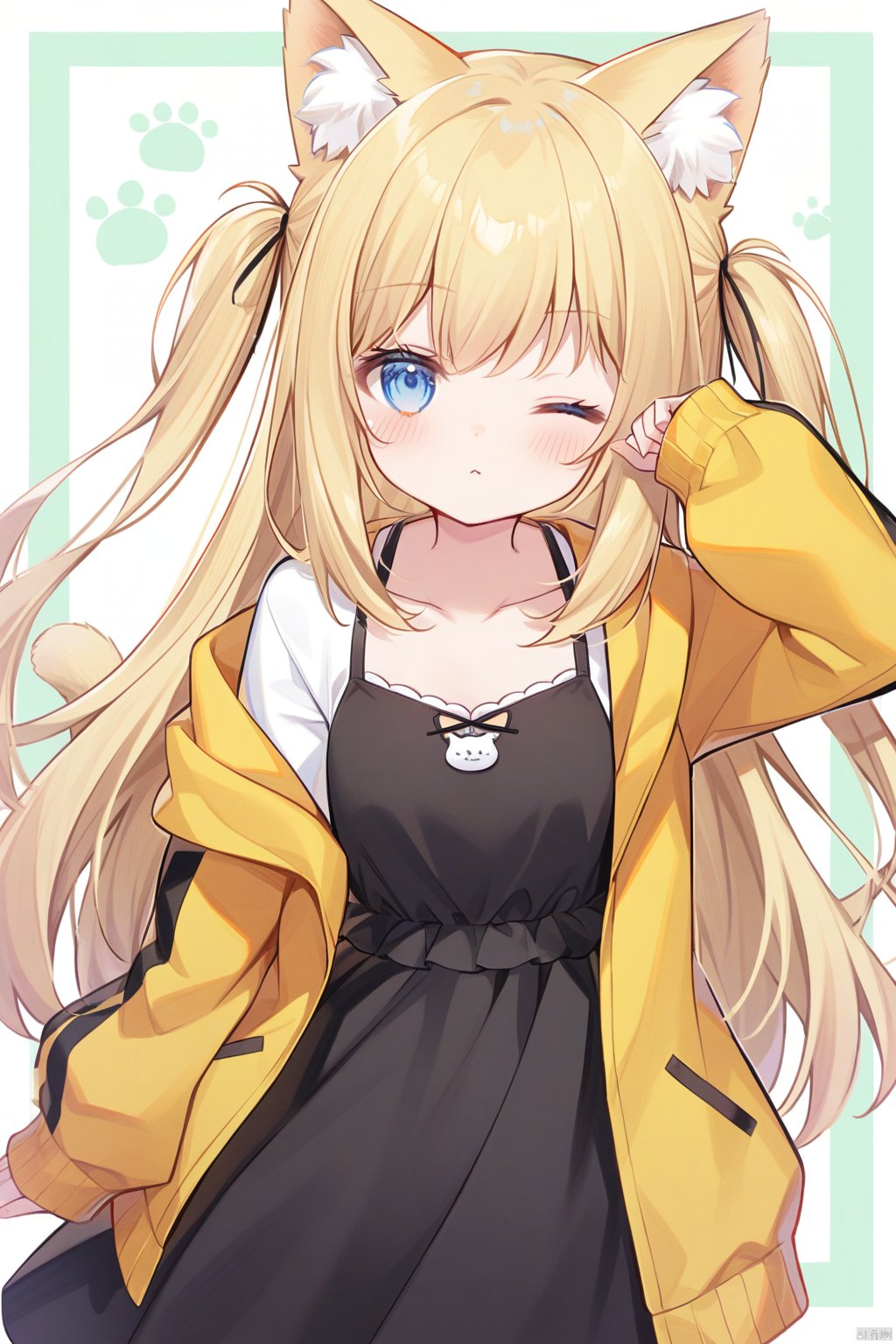 solo, 1girl, animal_ears, long_hair, blue_eyes, dress, open_clothes, one_eye_closed, black_dress, jacket, tail, long_sleeves, two-tone_background, open_jacket, closed_mouth, cat_ears, white_background, looking_at_viewer, yellow_jacket, sleeves_past_wrists, animal_ear_fluff, cat_tail, collarbone