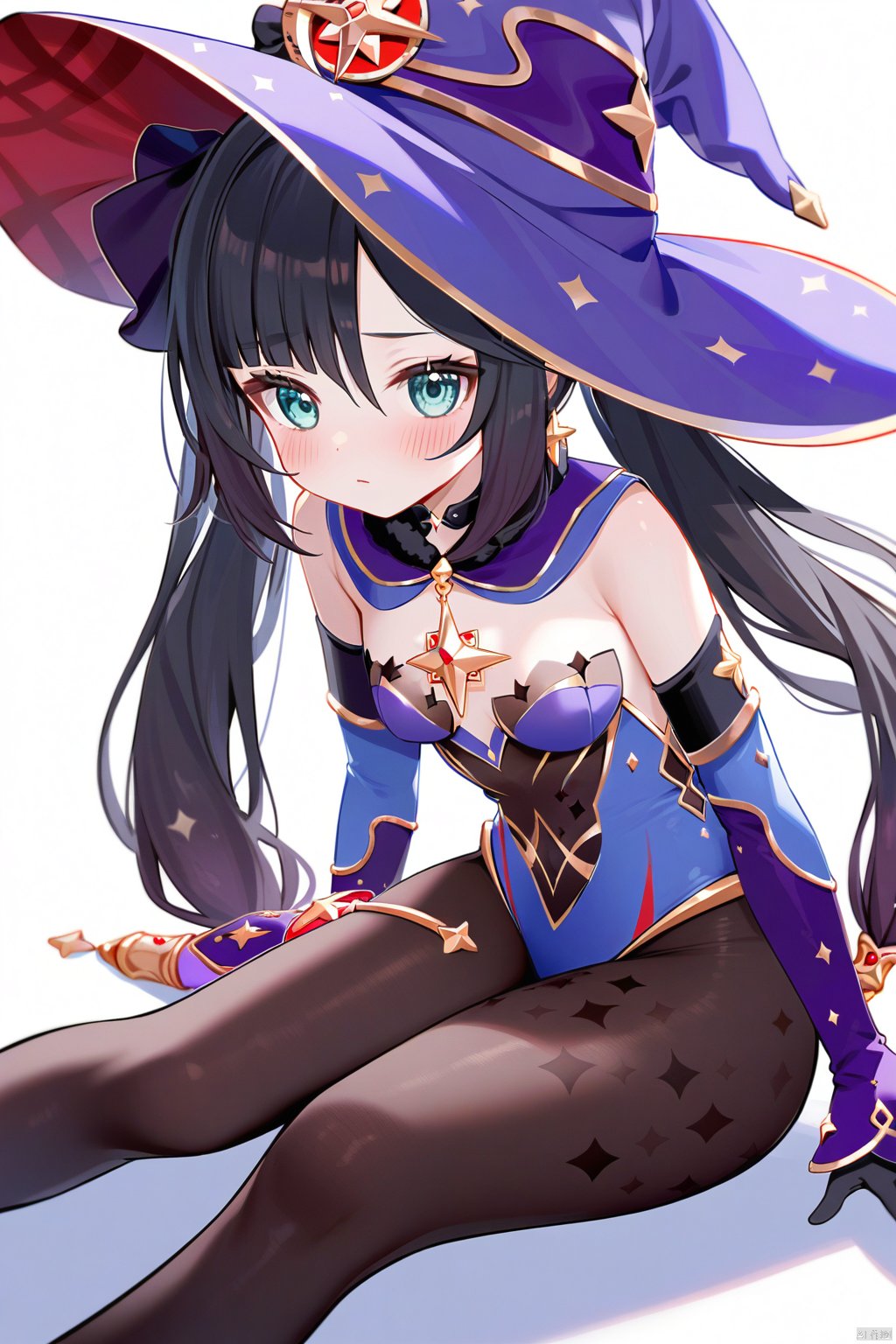 1girl, solo, hat, mona \(genshin impact\), witch hat, pantyhose, gloves, twintails, leotard, sitting, black hair, black gloves, white background, breasts, long hair, closed mouth, simple background, blush, aqua eyes, blue leotard, looking at viewer, small breasts, detached sleeves, black pantyhose, brown pantyhose