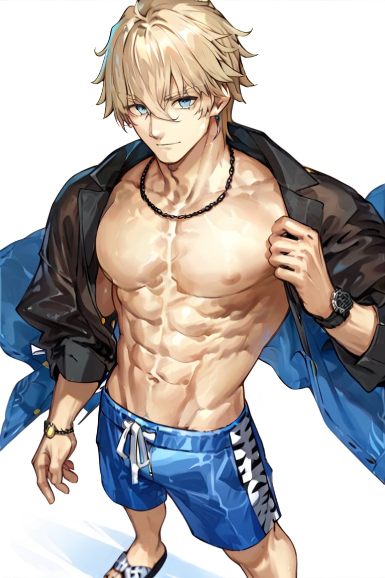 score_9, score_8_up, score_7_up, source_anime, male focus,looking at viewer, close up,upper body,Gawain(fate), blue eyes, blonde hair,  open clothes, shorts, abs, sandals, pectorals, watch, blue male swimwear, blue swim trunks