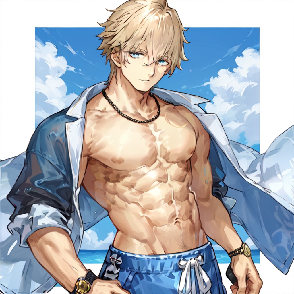 score_9, score_8_up, score_7_up, source_anime, male focus,looking at viewer, close up,upper body,Gawain(fate), blue eyes, blonde hair,  open clothes, shorts, abs, sandals, pectorals, watch, blue male swimwear, blue swim trunks