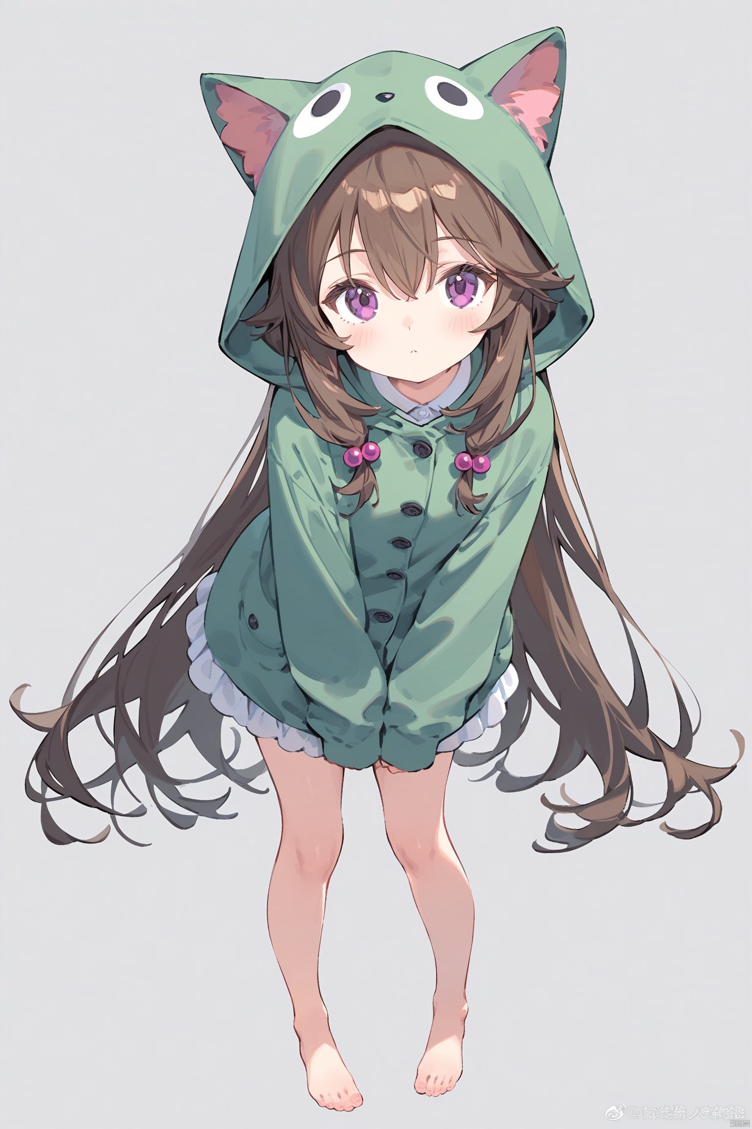 1girl, solo, long hair, looking at viewer, blush, bangs, simple background, brown hair, hair ornament, long sleeves, white background, animal ears, hair between eyes, bare shoulders, very long hair, closed mouth, standing, purple eyes, jacket, full body, barefoot, puffy sleeves, hood, sleeves past wrists, leaning forward, fake animal ears, watermark, hair bobbles, puffy long sleeves, hood up, green jacket, animal hood, loli, tinkle,layered dress