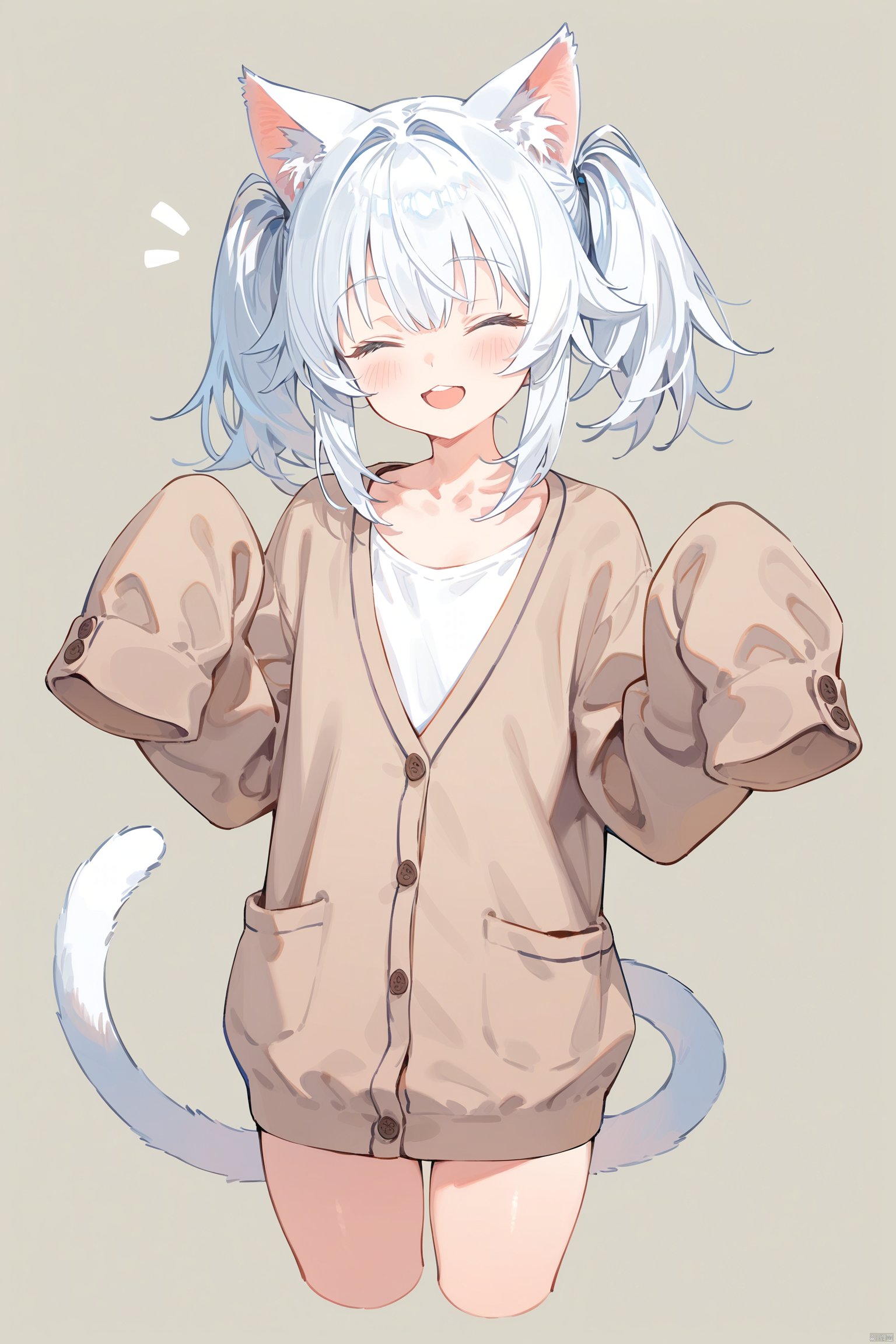 (masterpiece),(best quality),1girl, solo,catgirl,cat ears,cat tail,white hair, twintails, blush, smile, shirt, white shirt, long shirt, ^ ^, brown cardigan, cardigan, closed eyes, collarbone, cropped legs, long sleeves, sleeves past fingers, sleeves past wrists, upper teeth only, teeth, white background