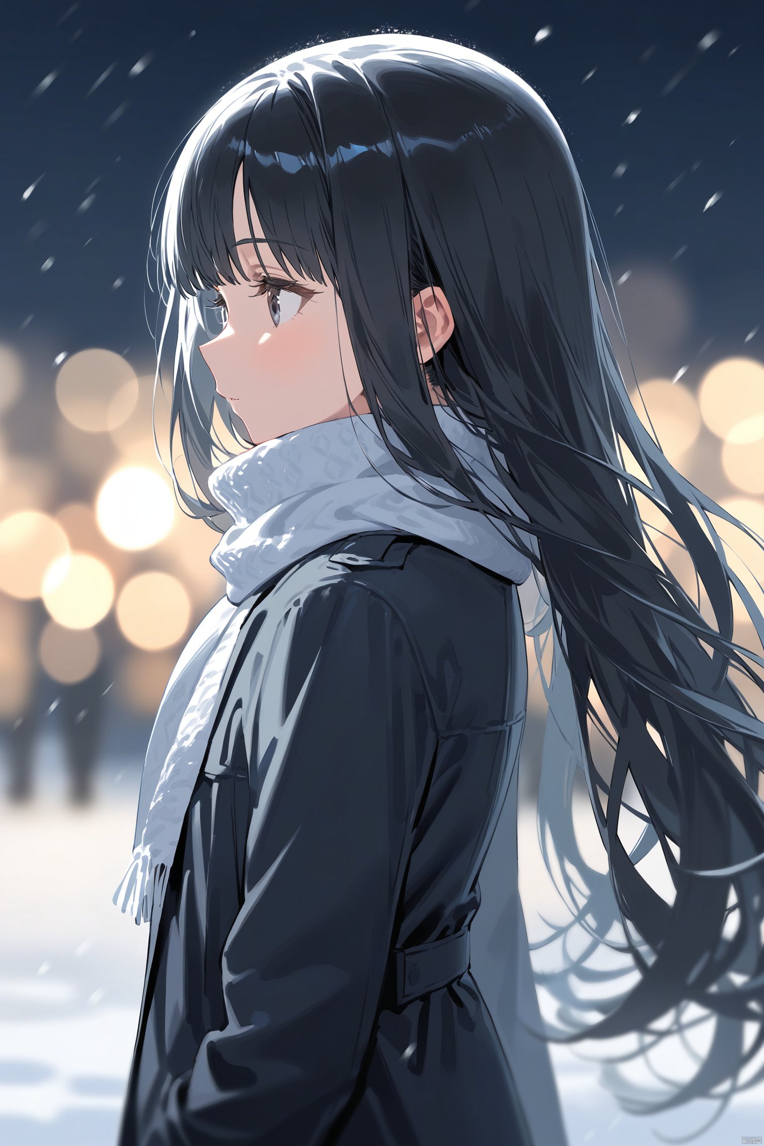 (masterpiece),(best quality),(masterpiece),(best quality),1girl, black_coat, black_hair, blurry, blurry_background, blurry_foreground, bokeh, city_lights, coat, depth_of_field, from_side, jacket, lens_flare, long_hair, long_sleeves, looking_away, motion_blur, outdoors, scarf, snow, snowing, solo, upper_body