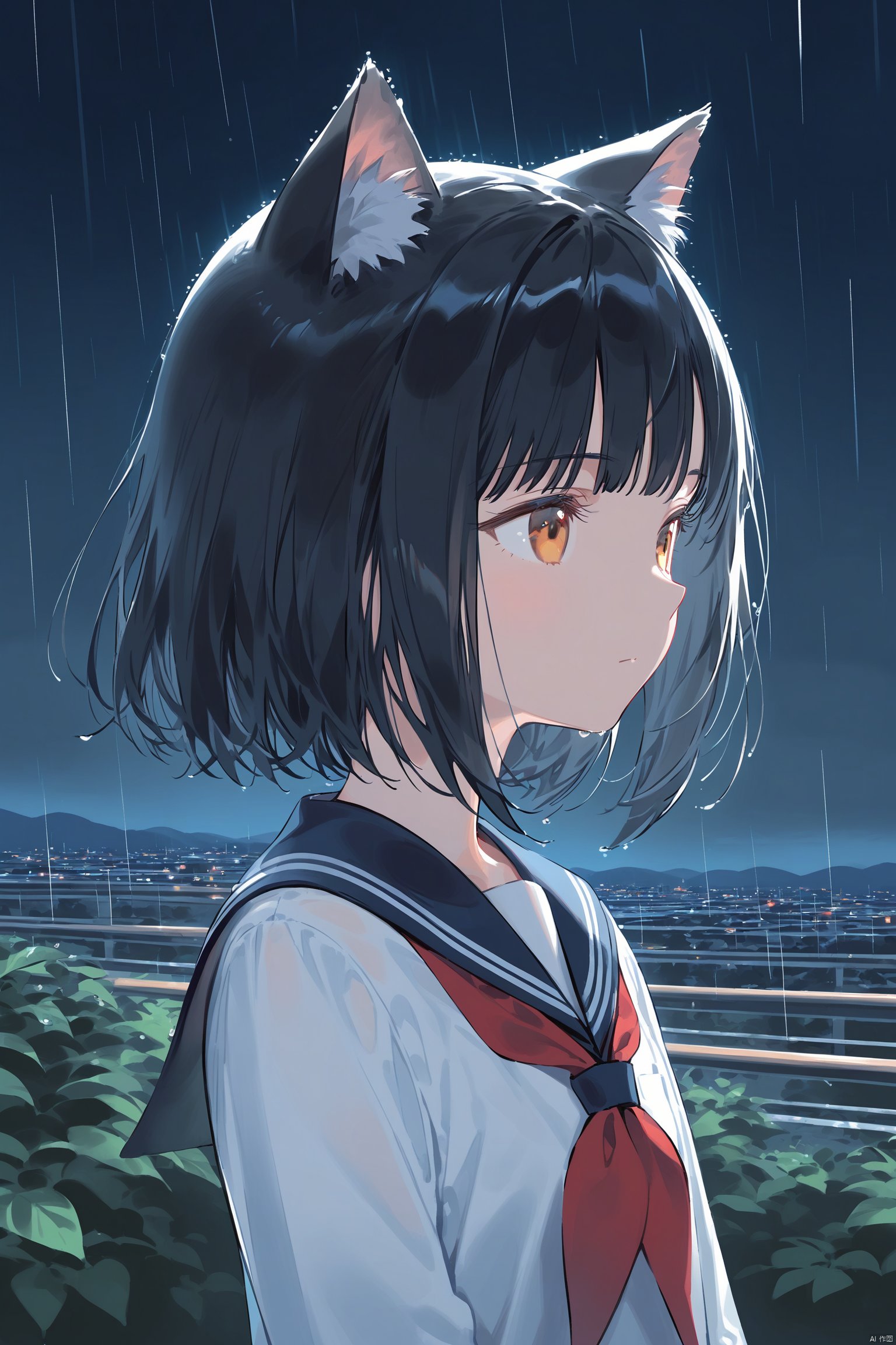 animal_ears, 1girl, black_hair, sailor_collar, solo, short_hair, cat_ears, school_uniform, serafuku, black_sailor_collar, upper_body, rain, shirt, white_shirt, long_sleeves, night, closed_mouth, scenery, bangs