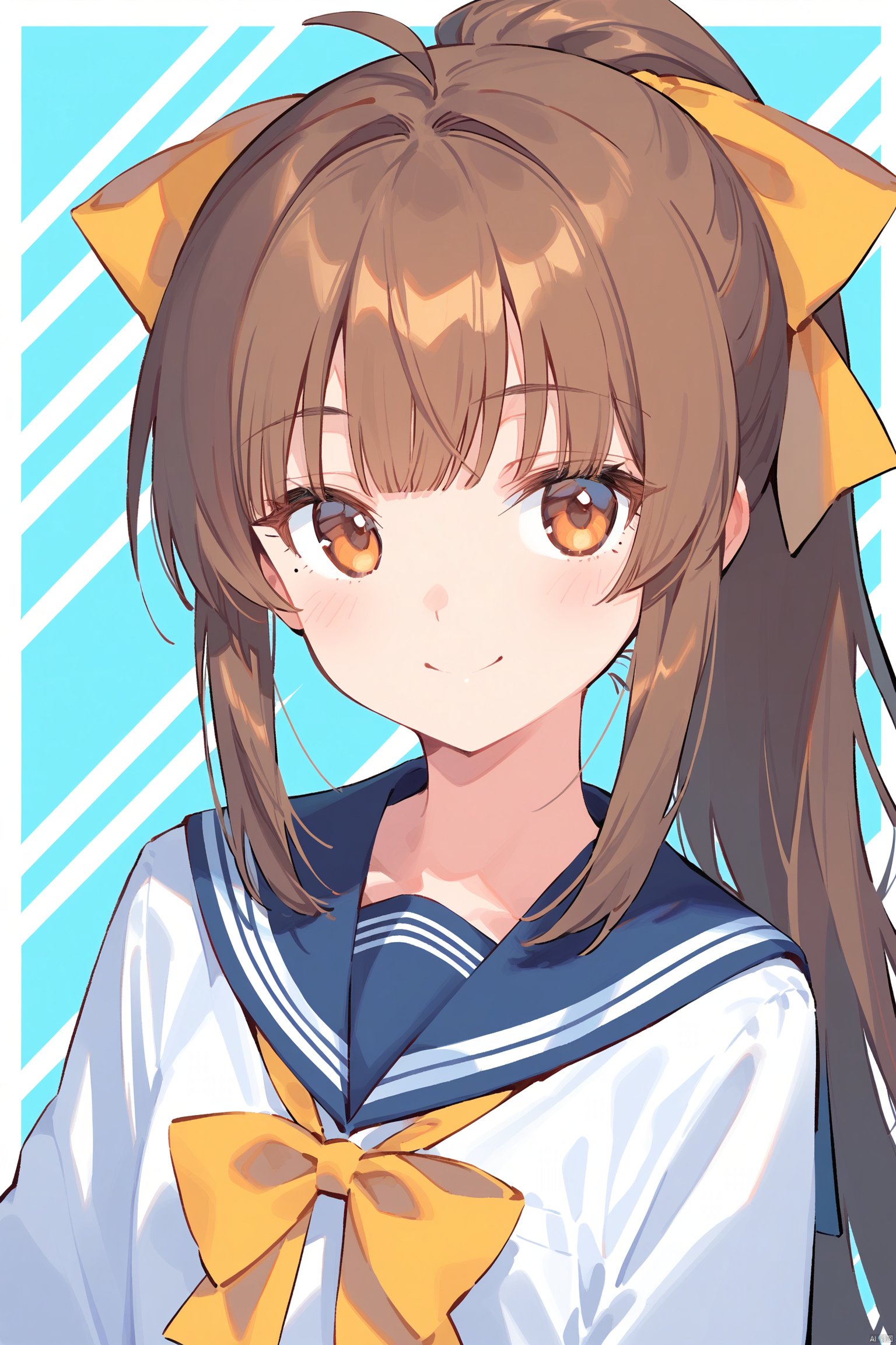 1girl, ahoge, blue_sailor_collar, bow, brown_hair, diagonal_stripes, hair_bow, long_hair, looking_at_viewer, mole, ponytail, sailor_collar, school_uniform, serafuku, sidelocks, smile, solo, striped, striped_background, upper_body, yellow_bow, yellow_ribbon