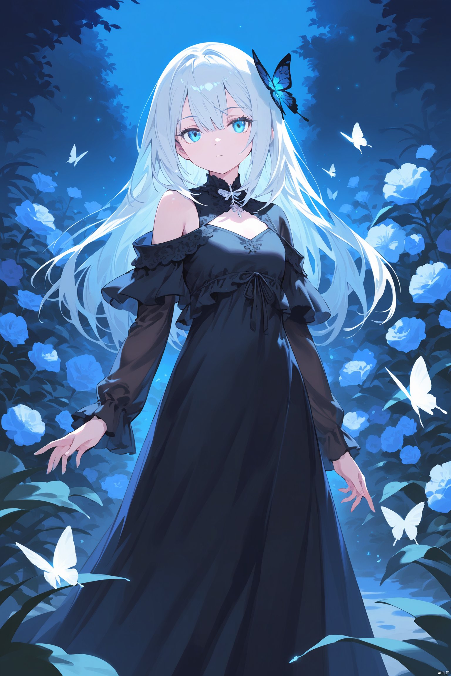 night,glowing eyes,gothic,long dress, 1 girl, solo, long white hair, blue eyes, detailed eyes, blink and youll miss it detail,butterfly, flower garden, high quality, floral background, very detailed,off shoulder