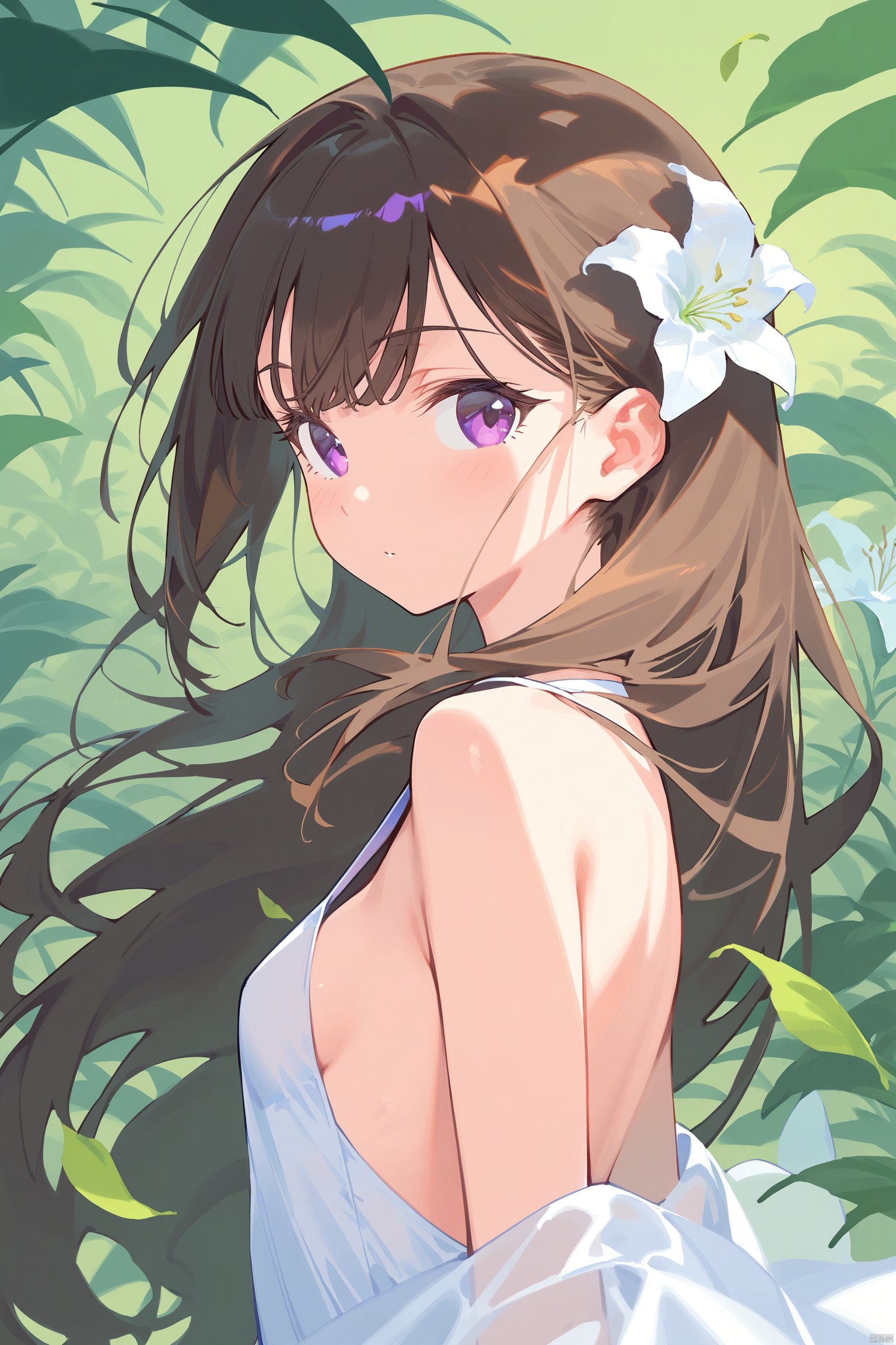 1girl, bare_shoulders, breasts, brown_hair, dress, floating_hair, flower, from_side, hair_flower, leaf, lily_\(flower\), long_hair, looking_at_viewer, petals, purple_eyes, sideboob, small_breasts, solo, upper_body, white_flower, wind