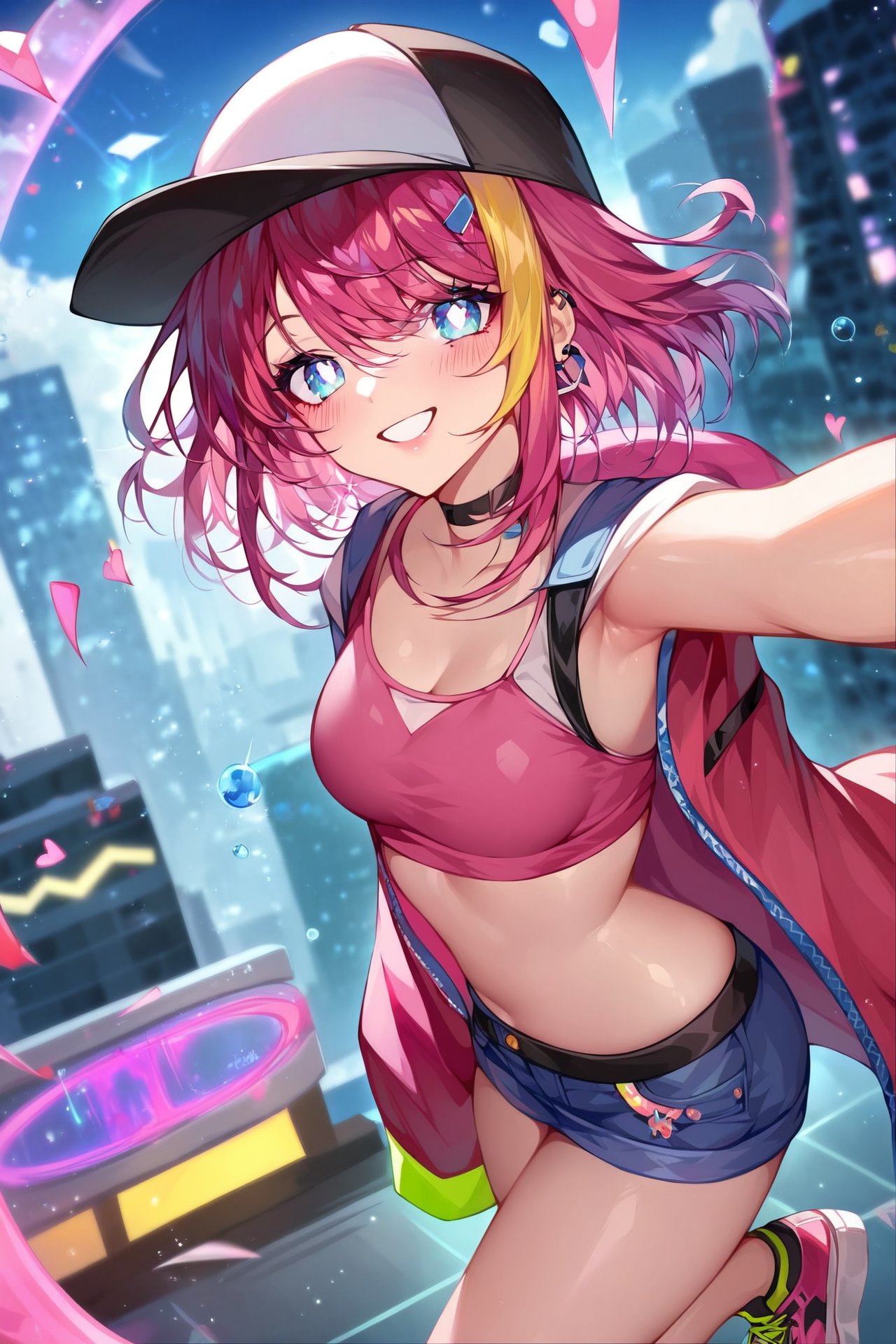 score_9,score_8_up,score_7_up), AiArtV,Flat Illustration,Vector Illustration, 1girl, A cute teenage girl taking a selfie, smiling brightly with one eye winking. She's wearing a vibrant Hip-Hop outfit with oversized jacket, sneakers, and a snapback hat. The background is a vivid neon-lit cyberpunk cityscape, with glowing signs and futuristic buildings,BREAK,(best quality:1.3),(best masterpiece:1.3),(very aesthetic:1.2),(absurdres:1.2),newest,(intricate details:1.2),absurdres extremely detailed CG,depth of field,dynamic angle,white pupils,high resolution, splashart