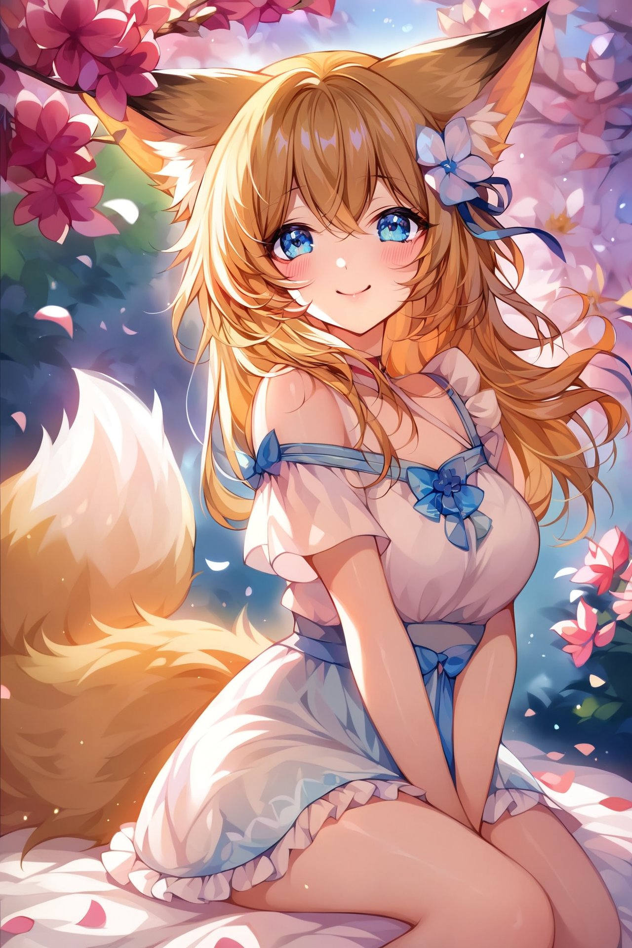 score_9,score_8_up,score_7_up), AiArtV,Flat Illustration,Vector Illustration, 1girl, fox girl, original character, white_hair, blue_eyes, long_hair, fluffy_hair, playful_smile, fox_ears, fluffy_tail, sitting, outdoors, daytime, warm_sunlight, surrounded_by_flowers, holding_a_flower, gentle_breeze, soft_colors, cute_pose, nature_setting, green_meadow, bright_atmosphere, cheerful_expression, innocent_vibes, cute_outfit, light_dress, happy_mood, safe_for_work,fox,kemonomimi,tail,ears,non human,cute,kawaii,fox girl,super cute,fluffy ears, adorable foxgirl, soft blush, ,masterpiece, ultra detailed, vibrant, wallpaper, best composition, doodle art, style of ccp, splashart