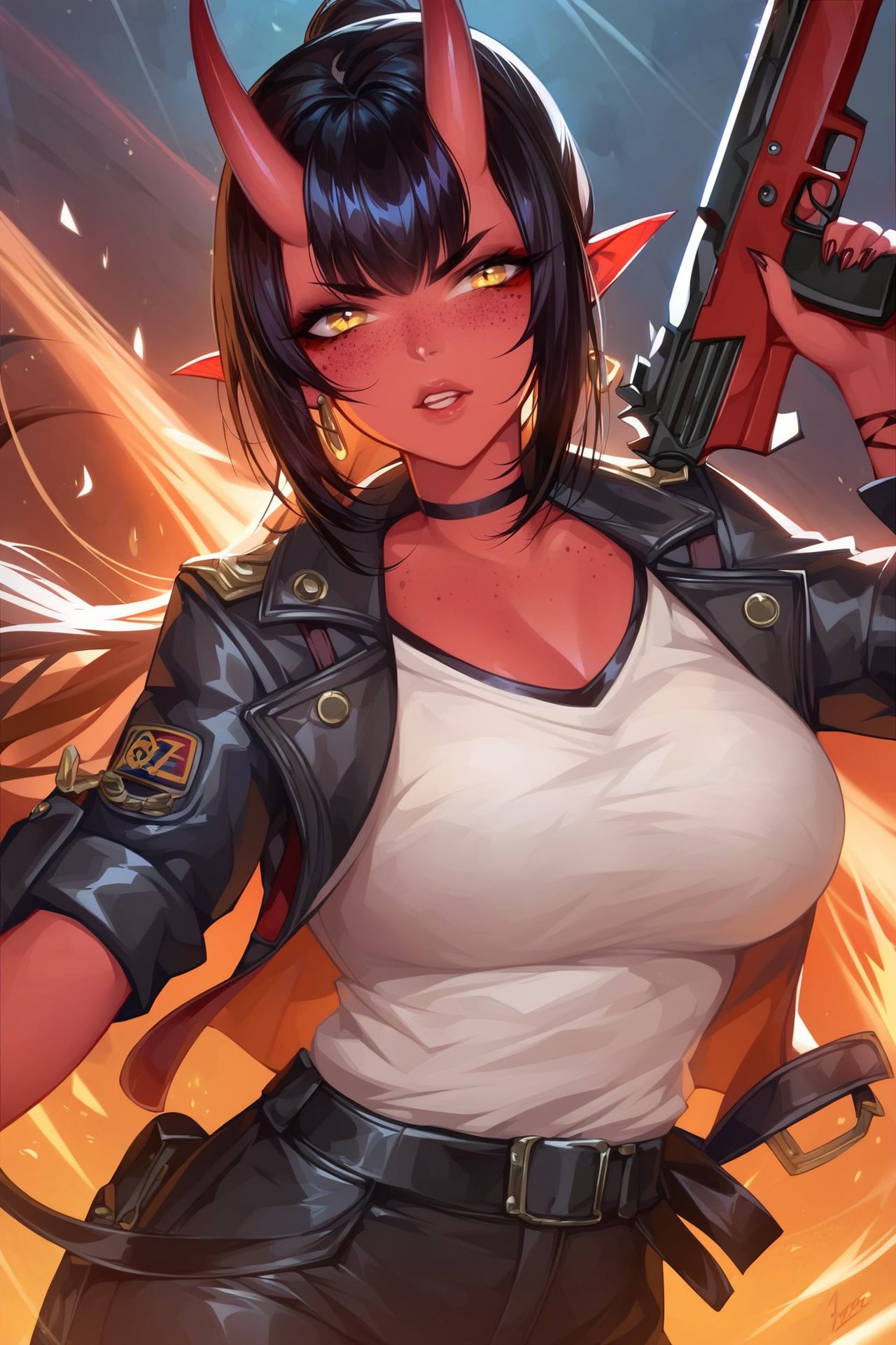 score_9,score_8_up,score_7_up, AiArtV,Flat Illustration,Vector Illustration, a demon character holding a gun, and staring at the viewer with green eyes, red skin, weapon, 1girl, freckles, gun, handgun, horns, colored skin, black hair, solo, bangs, english text, multicolored eyes, oni, yellow eyes, holding weapon, holding