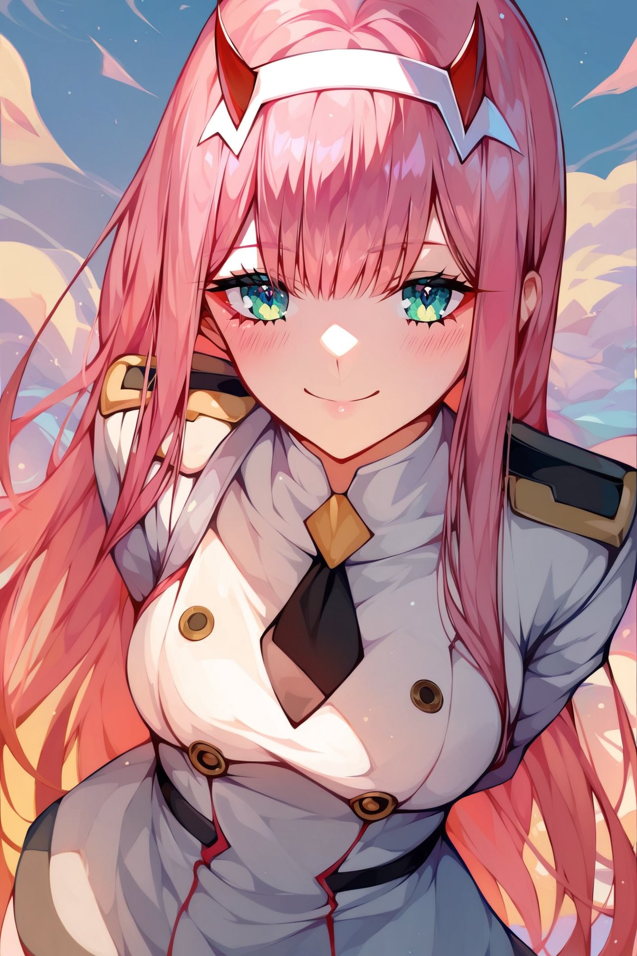 score_9,score_8_up,score_7_up), AiArtV,Flat Illustration,Vector Illustration, 1girl, zero two (darling in the franxx), solo, long hair, pink hair, horns, smile, hairband, arms behind back, looking at viewer, white hairband, blush, green eyes, uniform, bangs, leaning forward, military uniform,splashart