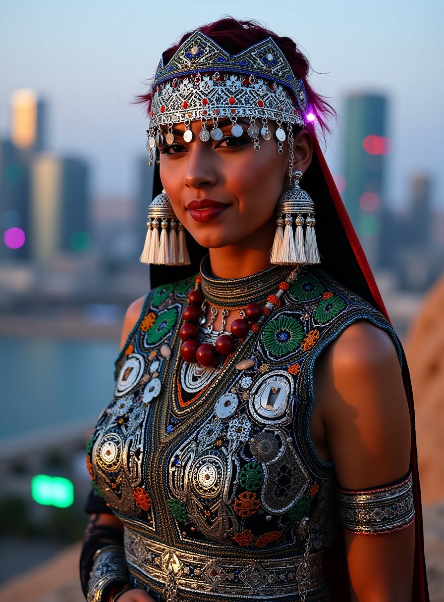 A strong and determined woman wearing a futuristic interpretation of Tasfift attire, blending traditional Berber patterns with sleek, modern materials like metallic fabrics and digital embroidery. Her headdress incorporates advanced technology, with glowing circuits and holographic elements that symbolize her connection to both her heritage and the future. She stands in a high-tech city that mirrors the colors and shapes of her traditional homeland, ready to defend her people with a blend of ancient wisdom and futuristic power,adrr-tsfft