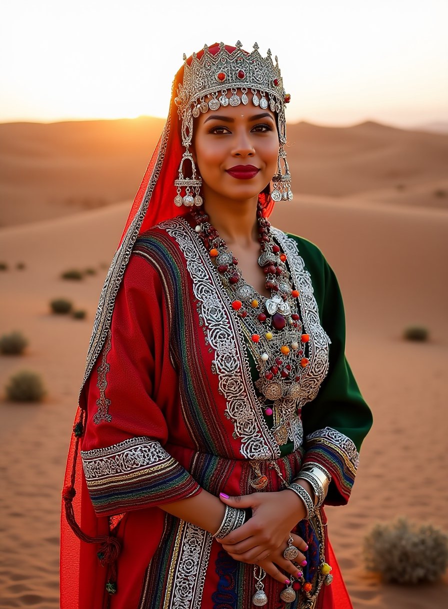 A regal woman stands tall, adorned in traditional Tasfift attire, with intricate silver jewelry cascading down her shoulders and a beautifully embroidered headdress crowning her head. The vibrant colors of her woven dress contrast against the muted tones of the desert landscape behind her. The setting sun casts a warm, golden glow, highlighting the rich textures of the fabric and the delicate patterns of her jewelry. Her expression is one of pride and strength, embodying the spirit of her Berber heritage,adrr-tsfft