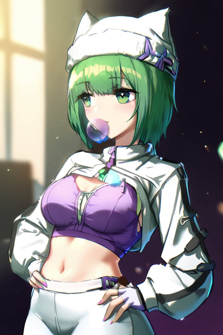 Ela,green hair,green eyes,short hair,purple crop top,cat ears headwear,hat,white opened jacket,fingerless gloves,long sleeves,white pants,masterpiece,best quality,illustration,ultra detailed,hdr,Depth of field,(colorful),Artist rokusai,