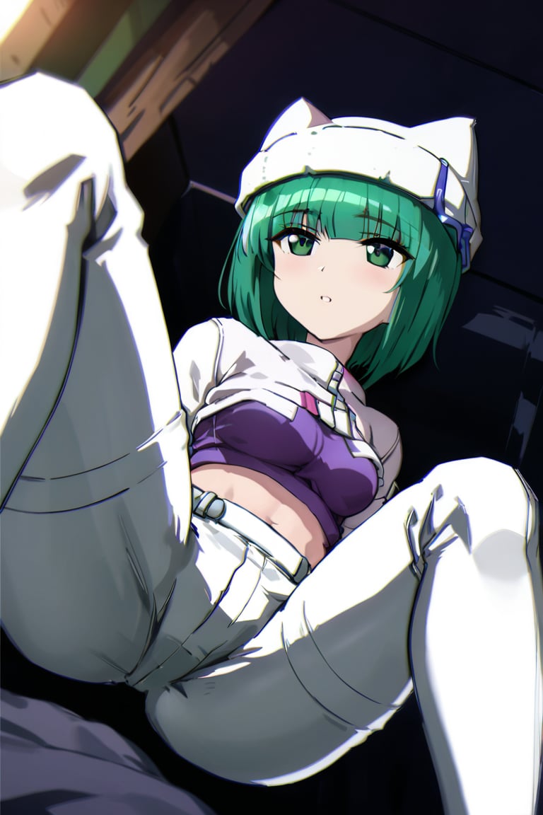 Ela,green hair,green eyes,short hair,purple crop top,cat ears headwear,hat,white opened jacket,fingerless gloves,long sleeves,white pants,masterpiece,best quality,illustration,ultra detailed,hdr,Depth of field,(colorful),Artist rokusai,