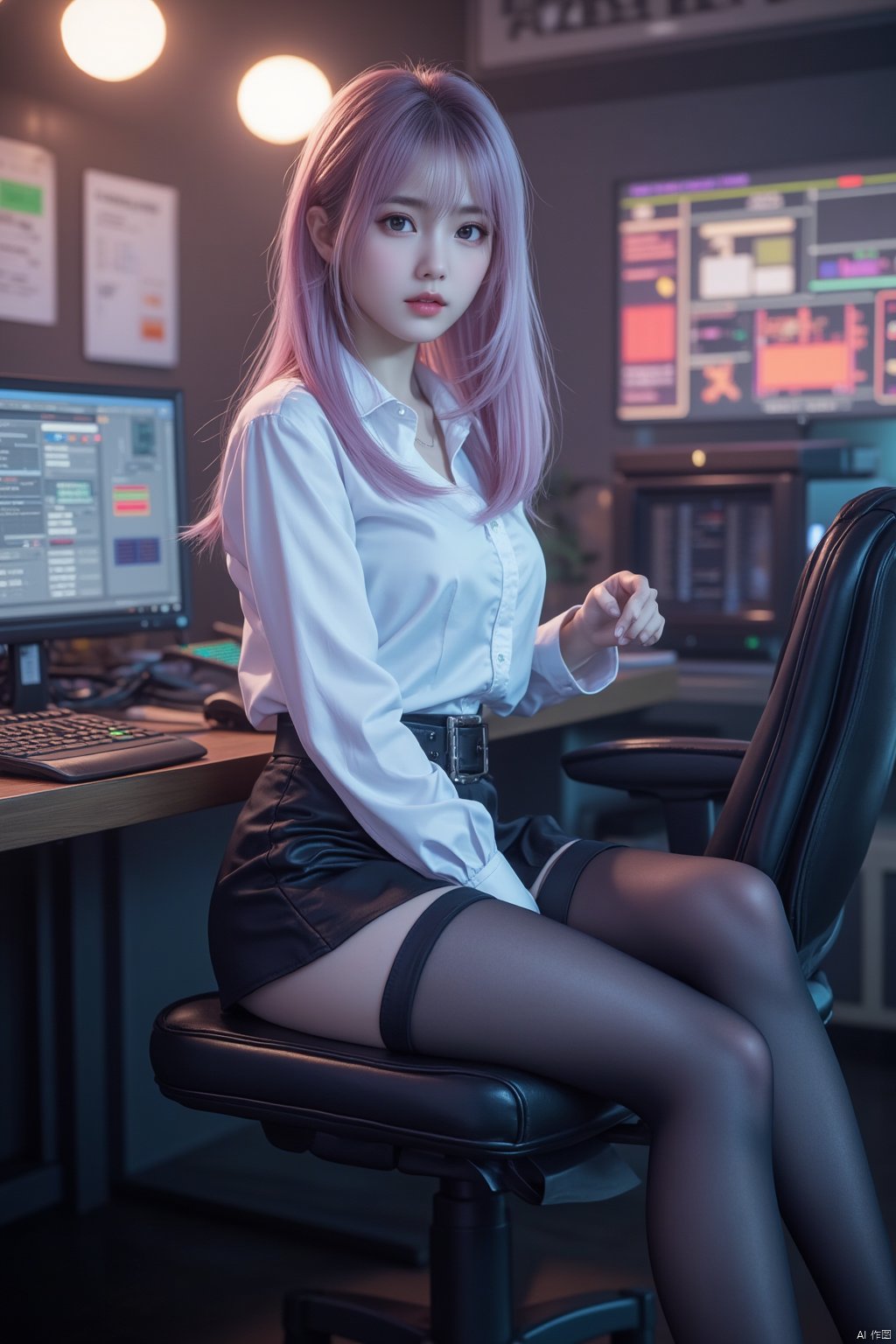 Cyberpunk,  (((black pantyhose))), 1girl, solo, sitting, full body, looking at the camera, pink hair, short hair, (big breasts:1.39), OL, cute face, Angelababy,long legs, closed mouth, thin bangs, in Command Center, mini_skirt, white shirt, black skirt,, hip skirt, black hip skirt, large screen,Xyunxiao