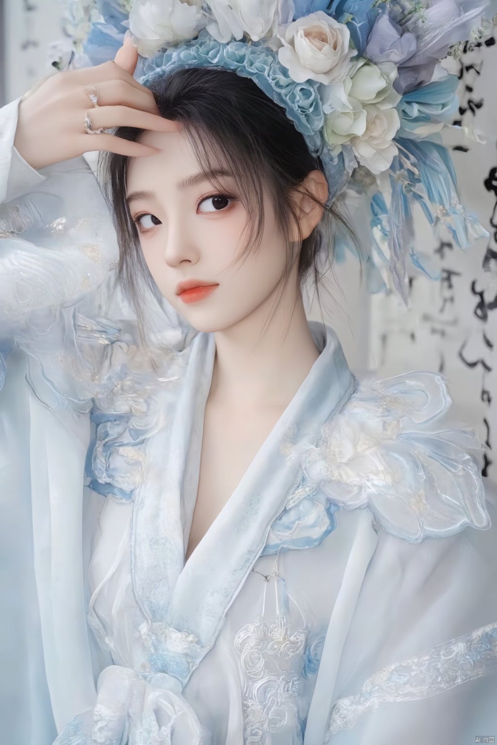 a young Asian woman dressed in a white kimono, adorned with a blue headband adorned with flowers. The woman's hair is dark brown, and her eyes are a piercing blue, while her hair is a darker shade of brown. She is wearing a silver ring on her left hand, adding a touch of contrast to her white robe. The backdrop is adorned with black writing, creating a striking contrast against the white backdrop.,Xyunxiao,(big breasts:1.59),