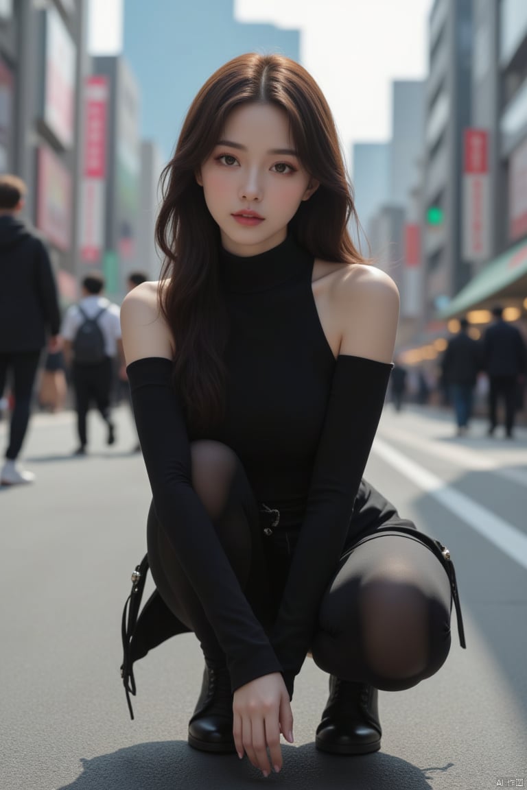 ,(Raw photo:1.2),(Photorealsitic),huge filesize,hight resolution,ighly detailed,top-quality,[​masterpiece:1.6],illustratio,ighly detailed,nffsw,finely detail,top-quality,8k wallpaper,Woman crouching on street in big city,(1 girl in),17 age,full-shot,People with Japan,perfect body type,((Big breasts with tension,Disproportionately huge,heavy breasts)),Lori face,closes mouth,shyly smile,(Japan Black High Neck Bodycon Dress,Black High Neck Bodycon Dress,Black Japan High Neck Bodycon Dress:1.3),Crowds,dynamicposes(Photoreal:1.4),(Hyper-realistic:1.4),(Realistic:1.3),(Smooth lighting:1.05),(Improved cinematic lighting:0.9),Realistic lighting,Backlight,Face Light,raytrace,(Whitening light:1.2),(Image enhancement:1.4),( Top quality real skins:1.4),Narrow eyes,Fine face,Narrow eyes,(Body Line Mood Increase:1.1),(Skin Texture Enhancement Beauty:1.1),