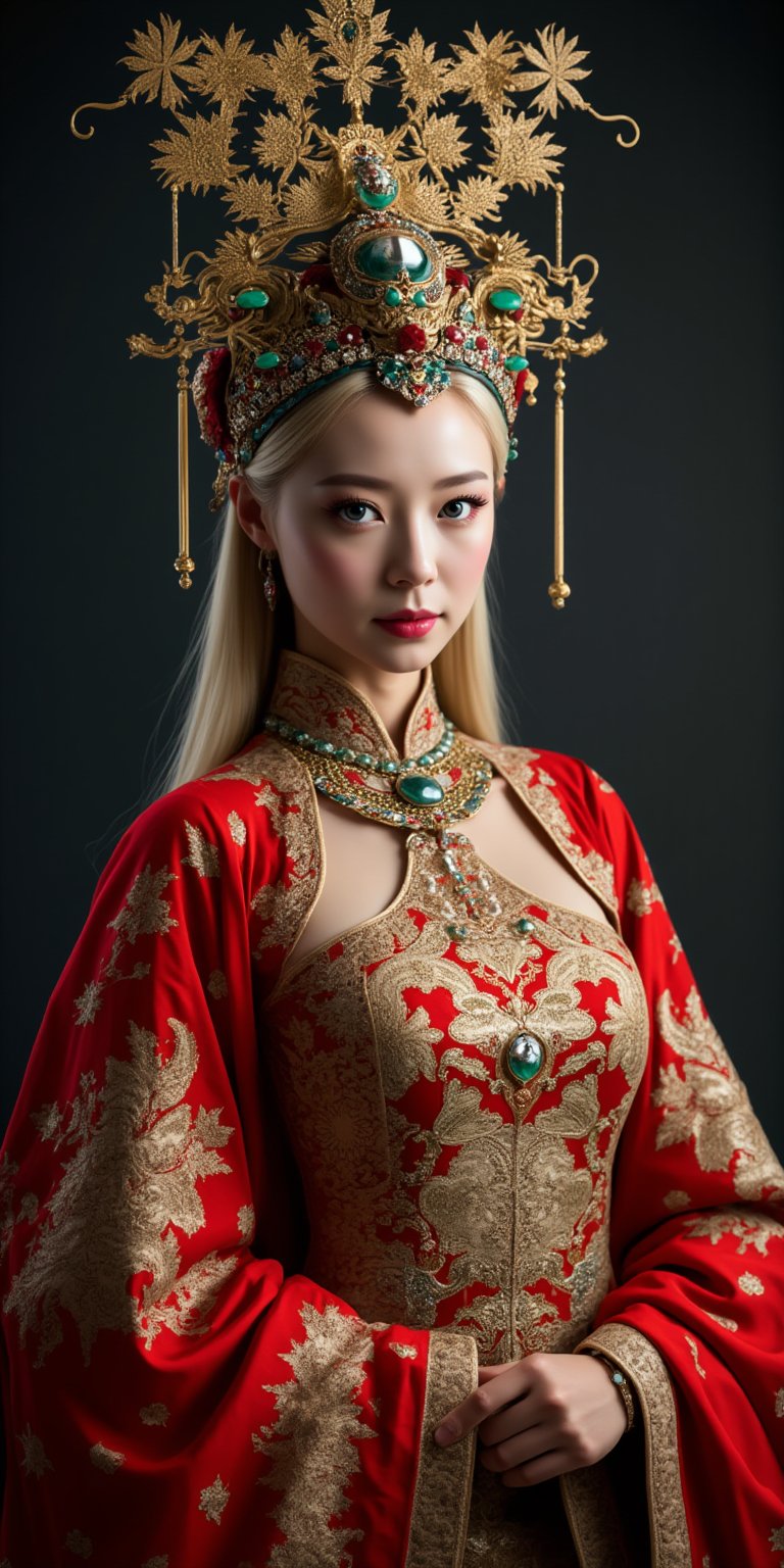 A stunning (Ukrainian woman), wearing an opulent ancient Chinese empress costume,Her Slavic features, -blue eyes and fair skin, contrast beautifully with the ornate Chinese attire, Elaborate headdress adorned with gold filigree, jade beads, and hanging pearls, Intricate phoenix crown with delicate golden leaves and gemstones,Layered silk robes in rich red and gold, embroidered with dragons and auspicious symbols, Wide, flowing sleeves with detailed embroidery, Ornate collar piece studded with precious stones,Long blonde hair partially visible beneath the headdress,Beautiful woman,Photorealistic