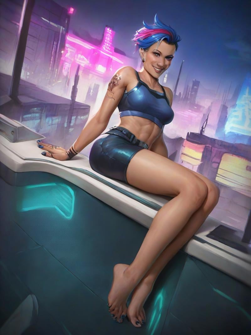 masterpiece,best quality,<lora:tangbohu-pony-real-000001:0.8>,barefoot,1girl,female,solo,cyberpunk,cyborg,cybernetic implants,science fiction,multicolored hair,looking at viewer,smile,piercings,tattoo,sitting,dangling legs,overlooking city,cityscape,night city,neon lights,blurred background,midriff,BREAKscore_9,score_8_up,score_7_up,source_cartoon,rating_safe,