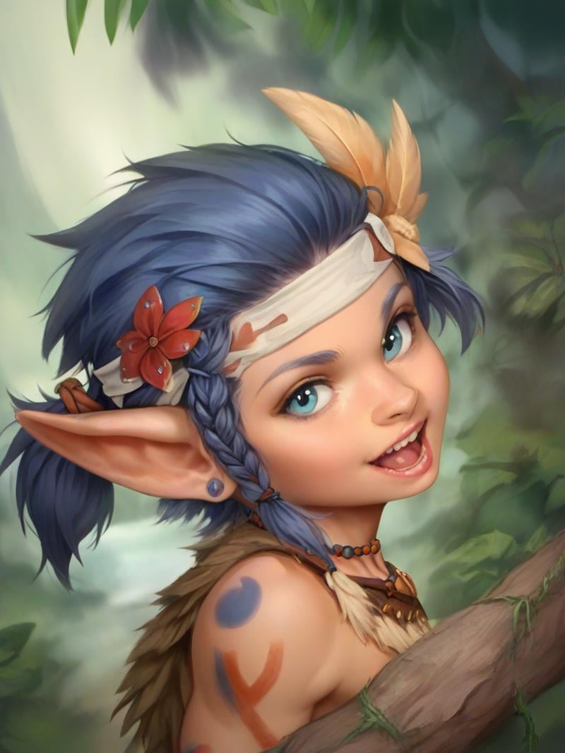 <lora:tangbohu-pony-real-v2:0.8>,score_9,score_8_up,score_7_up,rating_questionable,fantasy,cinematic lighting,1 girl,solo,cute,(short:1.2),small body,(shortstack:1.1),goblin,tribal clothing,chibi,hair ornament,jungle,high angle,looking at viewer,tribal body paint,feather neckwear,headband,close-up,head tilt,headshot portrait,side view,mouth open,