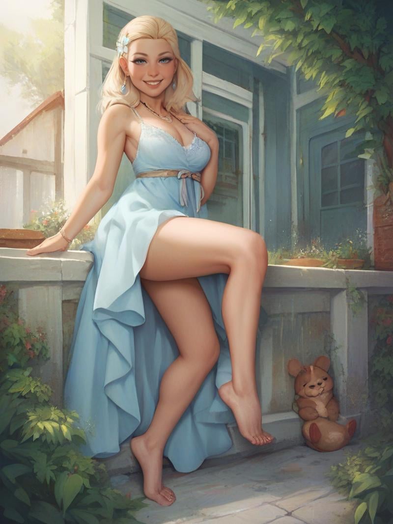 (((barefoot))),score_9,score_8_up,score_7_up,score_6_up,score_5_up,score_4_up,1girl,smile,looking at viewer,outdoors,<lora:tbh-pony-real-gen3:1>,dress,