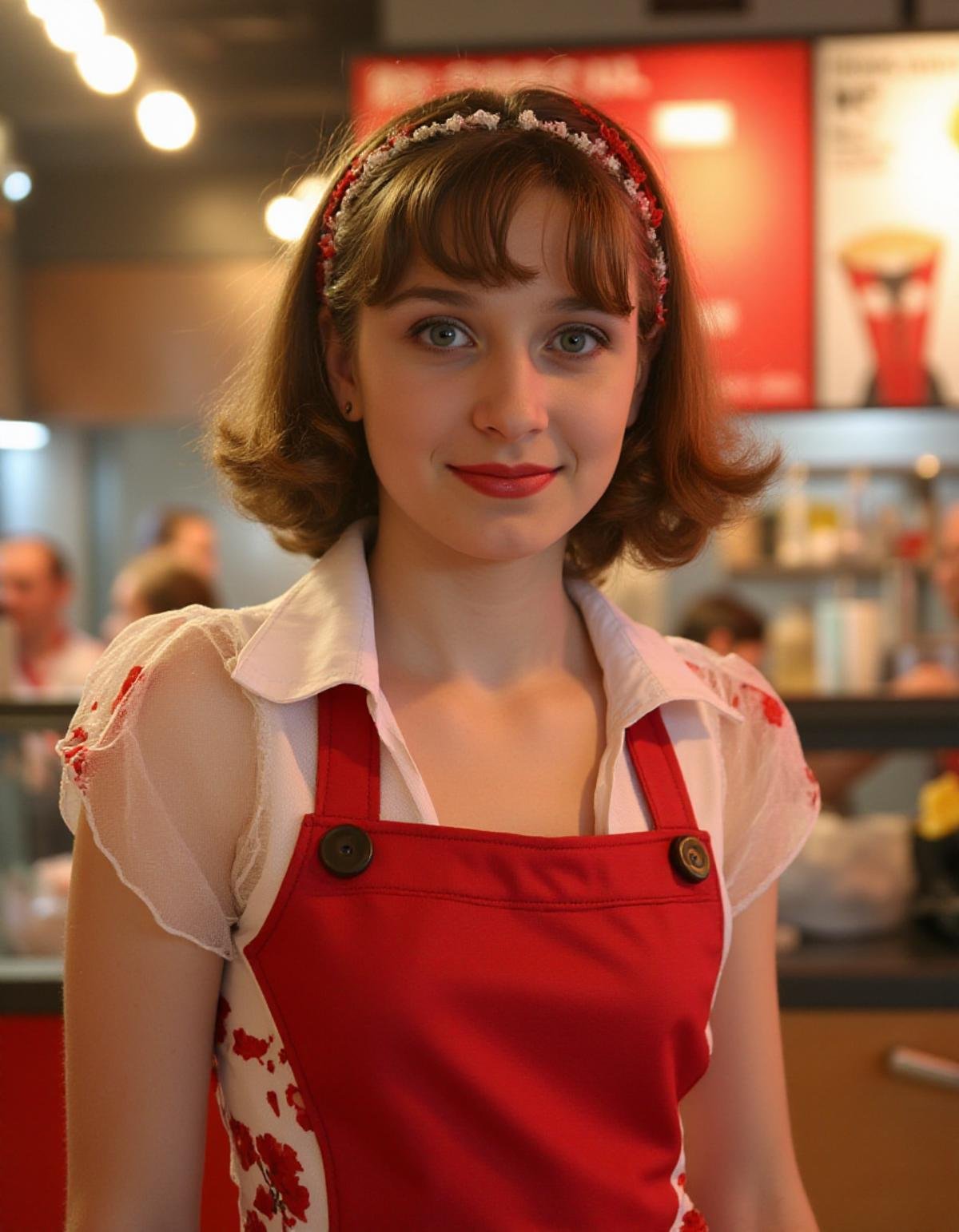 cute girl in KFC clerk dress,smile, <lora:young_age_FLUX_r1:1>