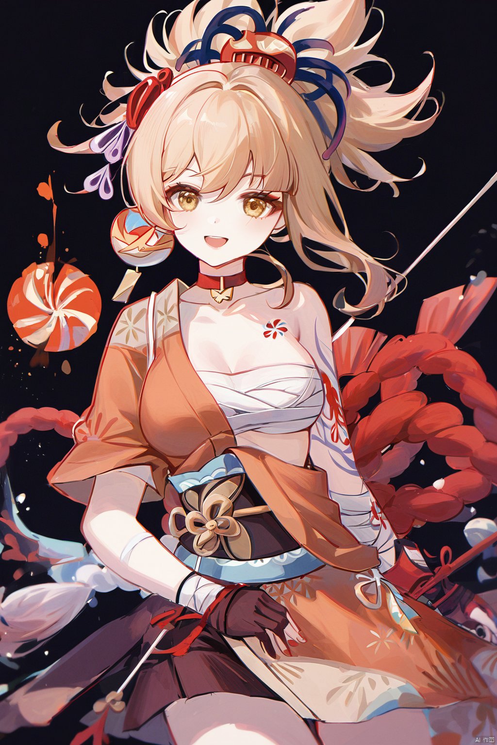 1girl, yoimiya \(genshin impact\), solo, bow \(weapon\), sarashi, japanese clothes, blonde hair, tattoo, holding bow \(weapon\), weapon, kimono, open mouth, breasts, bandages, holding weapon, holding, arm tattoo, looking at viewer, smile, chest tattoo, ponytail, yellow eyes, hadanugi dousa, orange kimono, choker, chest sarashi, rope, hair ornament, red choker, gloves, medium breasts, black background, bandaged arm