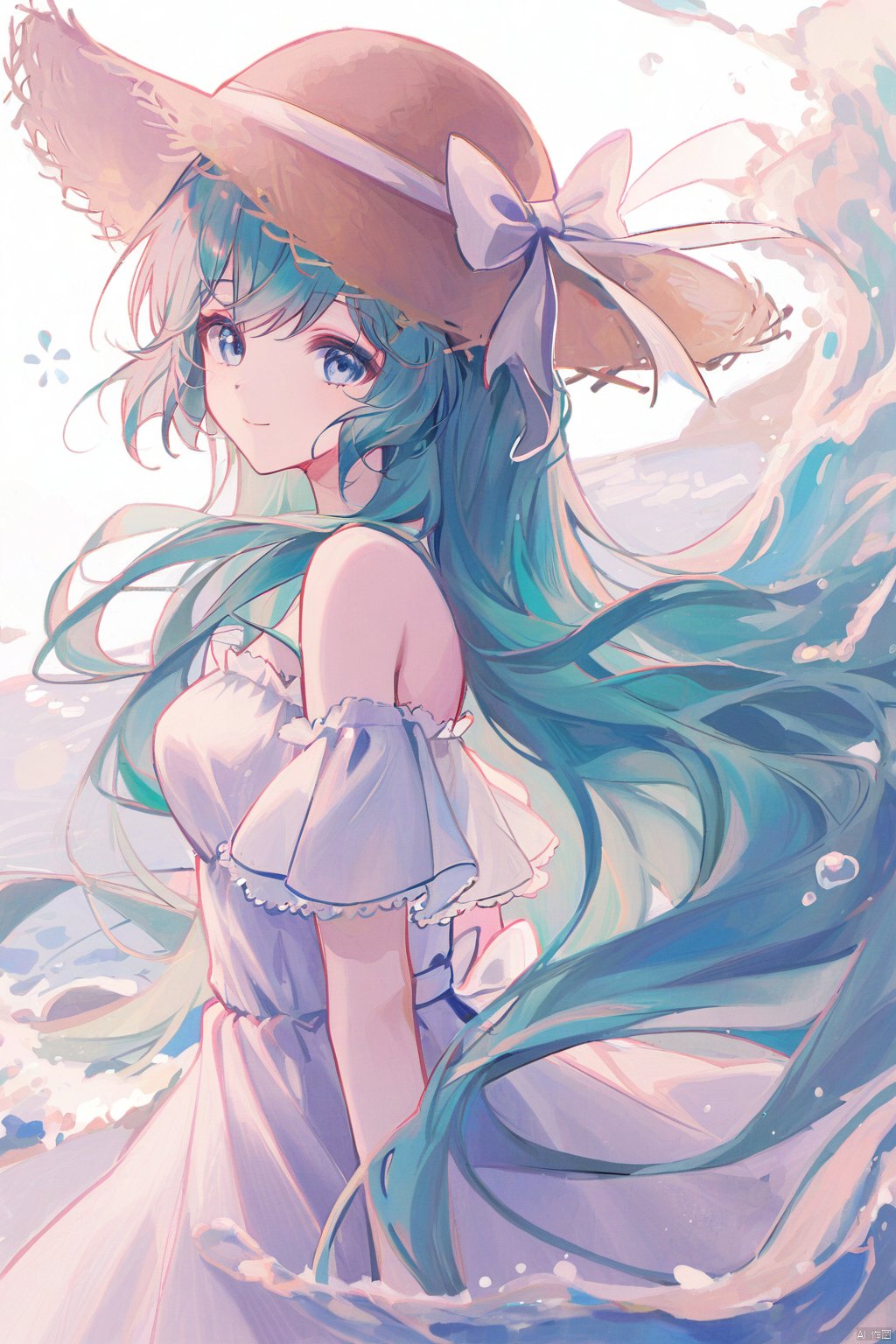 1girl, bangs, bare_shoulders, blue_eyes, brown_headwear, closed_mouth, dress, from_side, hat, hat_bow, hat_ribbon, hatsune_miku, long_hair, looking_at_viewer, off_shoulder, ribbon, smile, solo, straw_hat, sun_hat, very_long_hair, water, white_dress, white_ribbon
