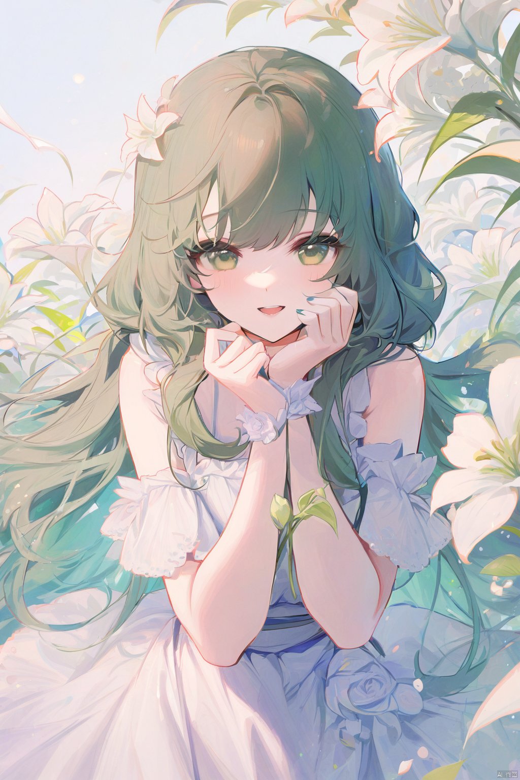 (best quality),(masterpiece),1girl, flower,white dress, solo, green hair, long hair, smile, open mouth, looking at viewer, bangs, white flower, green eyes,
