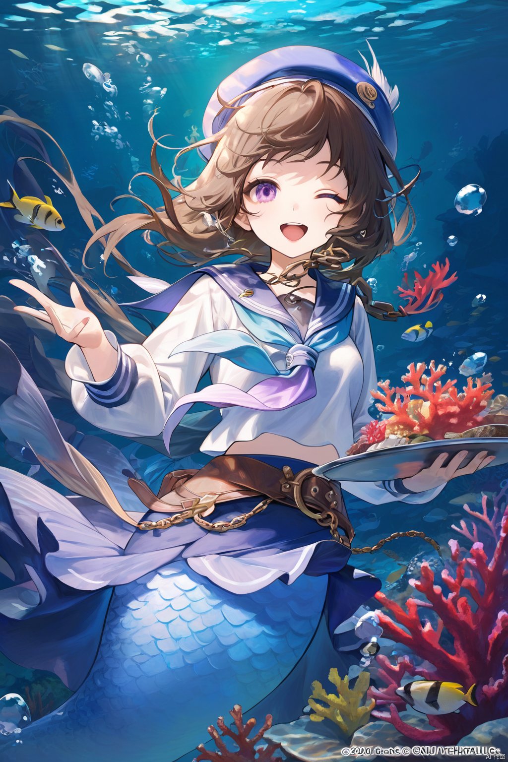 (best quality),(masterpiece),food, 1girl, underwater, hat, air_bubble, one_eye_closed, brown_hair, bubble, solo, plate, fish, holding, smile, blue_headwear, mermaid, purple_eyes, monster_girl, belt, chain, open_mouth, looking_at_viewer, coral, tray, ;d, neckerchief, sailor_collar, skirt, copyright_notice, company_name, long_sleeves, beret
