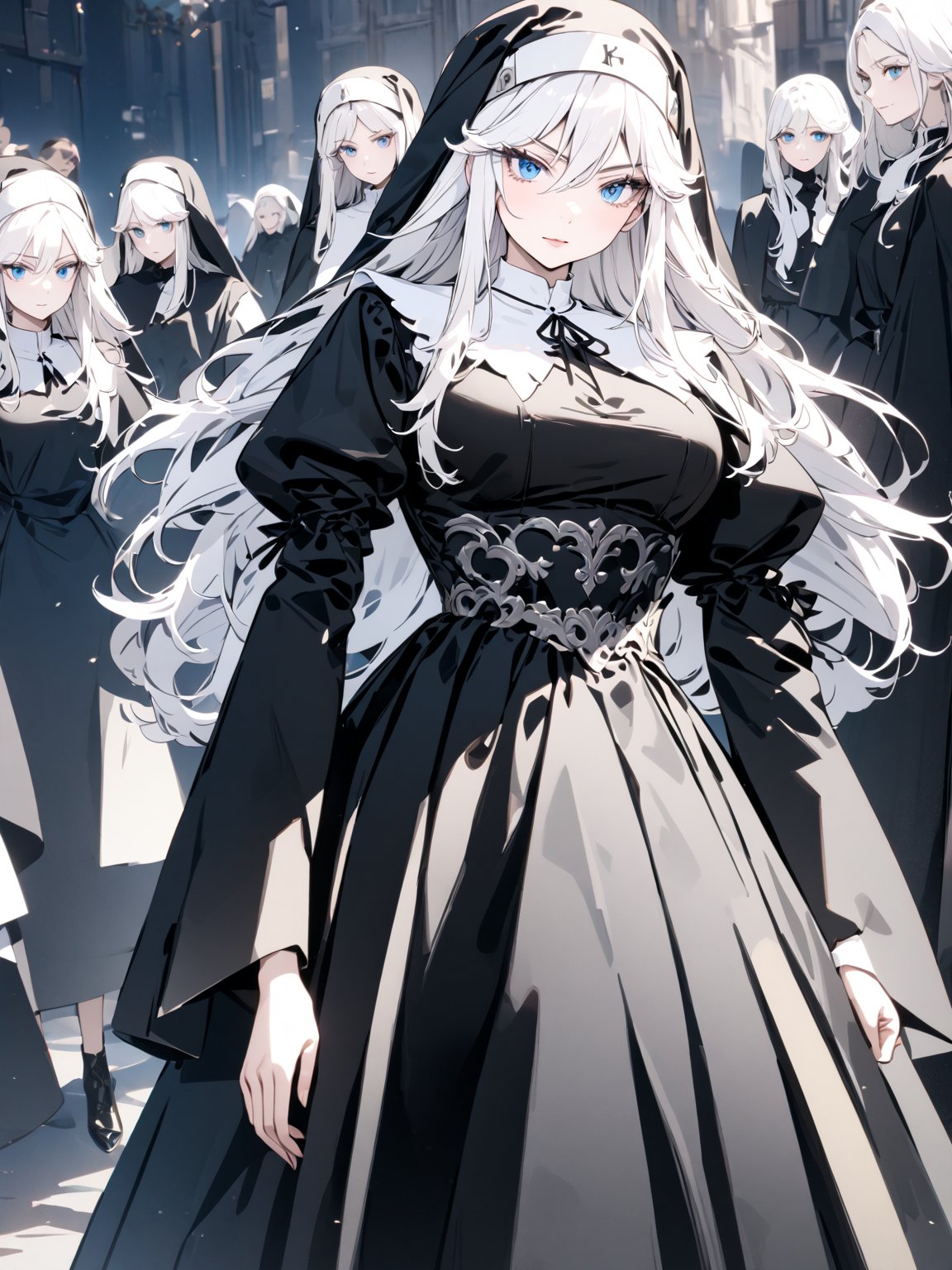 best quality, 8k, 8k UHD, ultra-high resolution, ultra-high definition, highres
,//Character, 
1girl, solo
,//Fashion, 
,//Background, 
,//Others, ,Expressiveh,
sister ivry, long hair, white hair, blue eyes, dress, nun