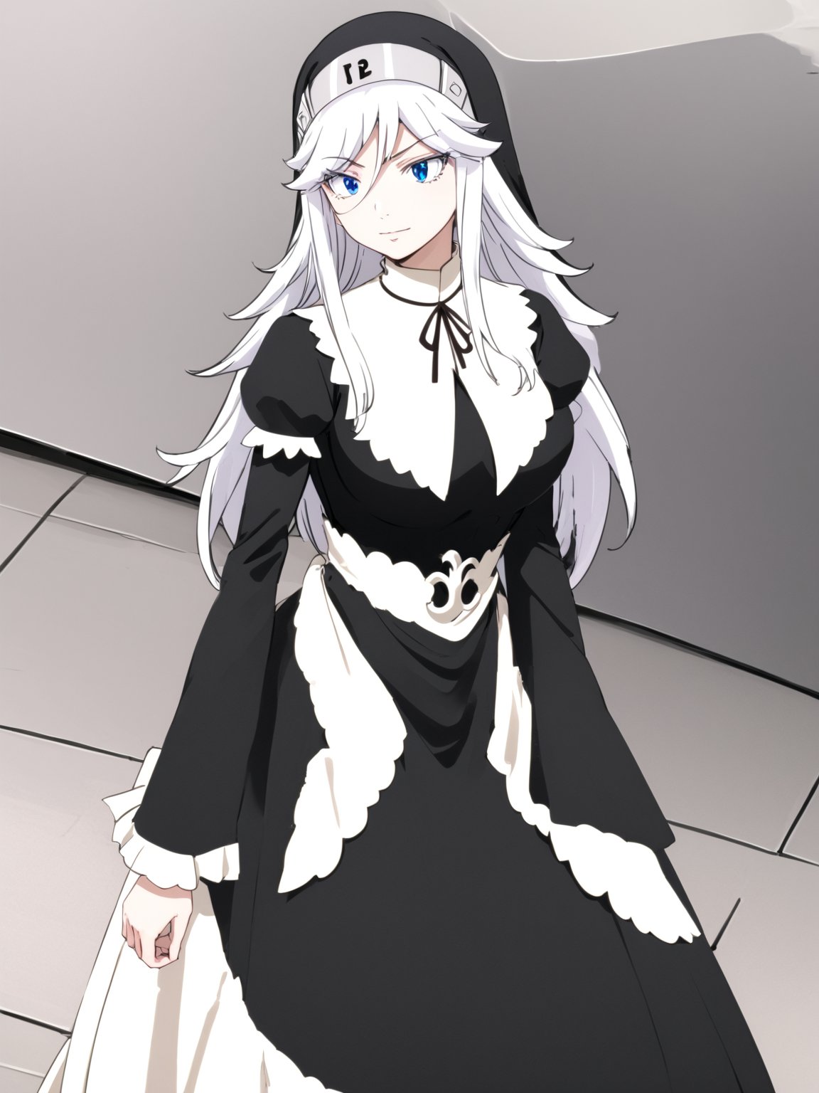 best quality, 8k, 8k UHD, ultra-high resolution, ultra-high definition, highres
,//Character, 
1girl, solo
,//Fashion, 
,//Background, 
,//Others, ,Expressiveh,
sister ivry, long hair, white hair, blue eyes, dress, nun