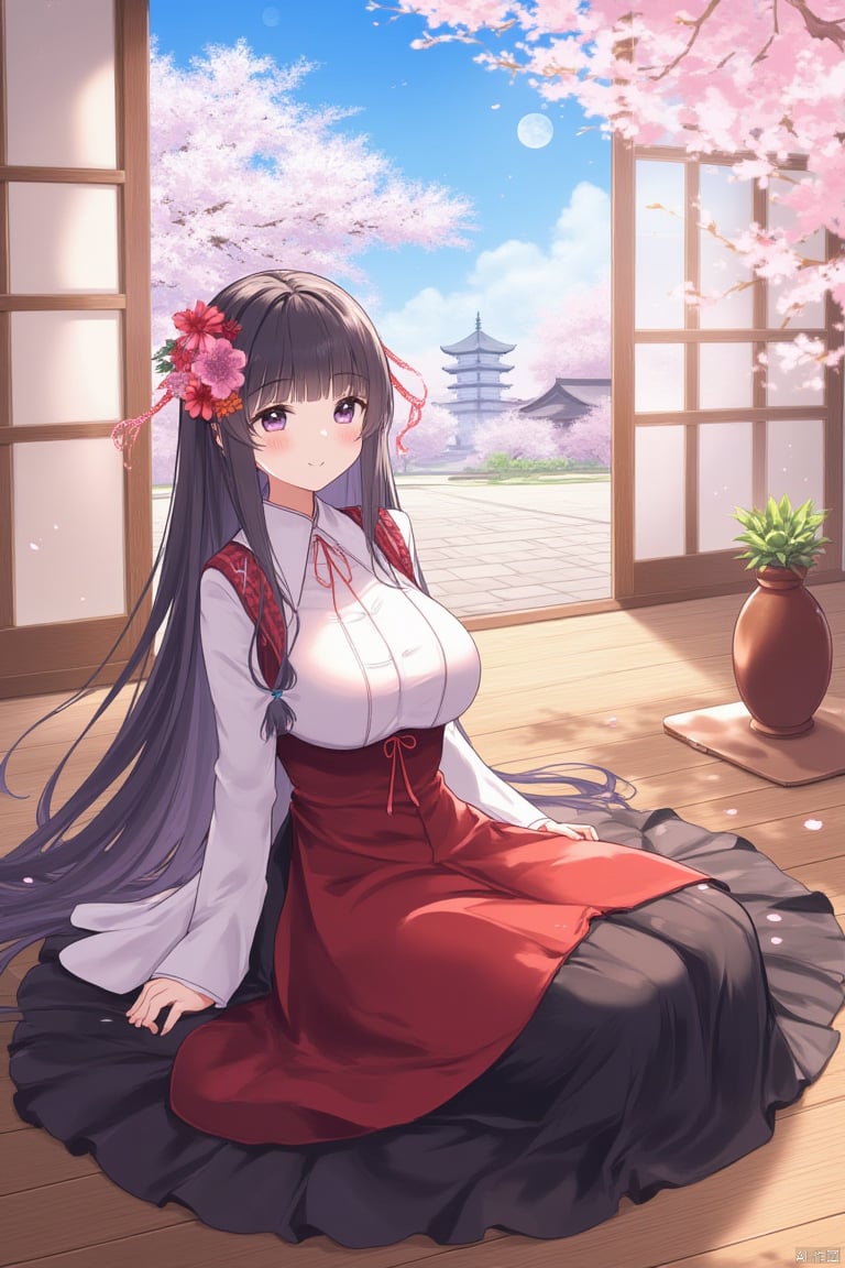 a cartoonish girl is seated on a wooden floor, adorned with a red and white dress and a long black skirt. She is adorned with flowers in her hair, adding a pop of color to the scene. The girl's long, dark hair cascades over her shoulders, framing her face. The scene is set against a backdrop of cherry blossom trees, a full moon, and a pagoda building. The sun is shining through the windows, creating a peaceful and serene atmosphere. To the right of the girl, a brown vase with a green leaf is placed on a pedestal.