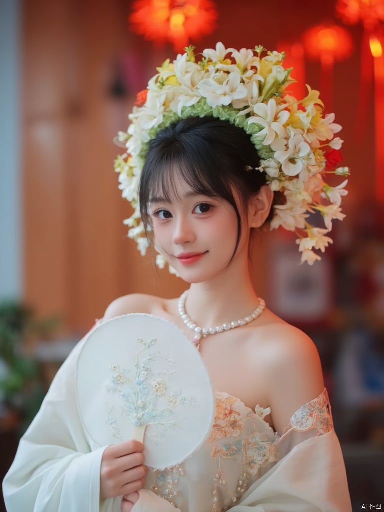  A young Asian woman wearing a flower wreath,A close-up shot of a Asian woman in a white chinese clothes with a silver necklace and earrings.She is holding a white fan. The woman's hair is adorned with white flowers adding a touch of beauty to the scene. The background is blurred creating a soft focus on the woman's face.warm-toned.neon lighting,