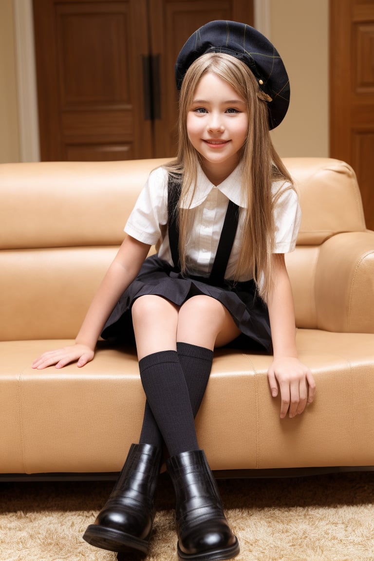 1girl, solo, long hair, looking at viewer, smile, skirt, blonde hair, brown hair, shirt, hat, sitting, white shirt, short sleeves, boots, socks, indoors, black skirt, lips, head tilt, kneehighs, cosplay, suspenders, crossed legs, couch, realistic, suspender skirt, female child