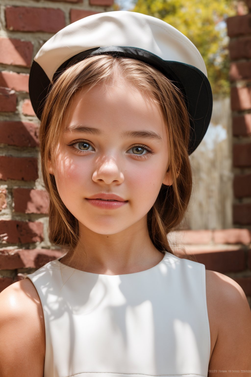 A sensual close-up captures the tween girl's captivating gaze, sunlight dancing across her features as she confidently poses against a rustic brick wall. Her latex dress and white hat exude confidence, while her playful expression hints at mischief. The warm glow highlights her porcelain skin, showcasing every detail with HDR and f1.6 precision.