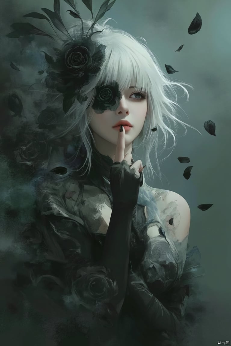 watercolor style,An Acrylic style painting that is expressive, gives it a dynamic and emotional quality. Anime art of a stylized portrait of a woman with a ethereal black and green mist surrounding her body. The mist creates a dramatic and surreal effect. A black flower, that is blooming, covering one eye, attached to the face. The woman has a cold aesthetic, complimented by her white hair. Anime art of woman draped in shadows with a lighting that enhances her unique features. The background is dark green, filled with black rose petals. Holding finger to lips, shush, shushing motion,.,Winslow Homer style