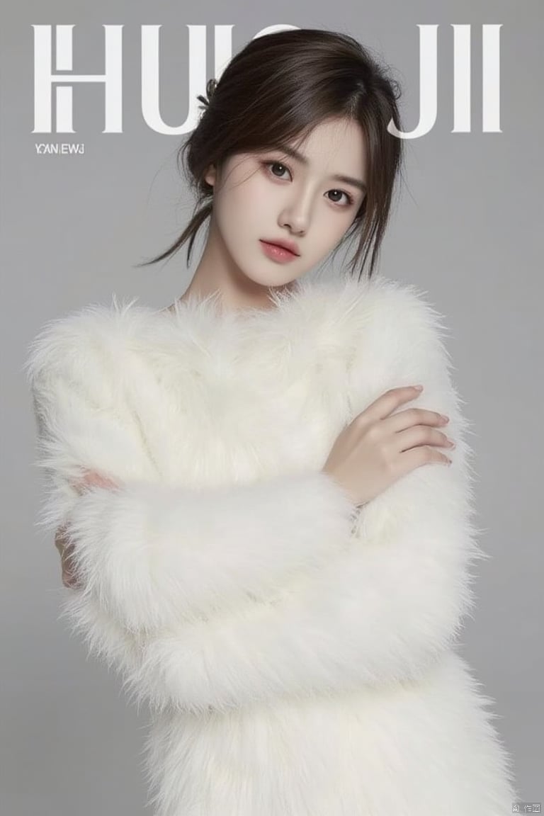 On the cover of the magazine, with the English letters HUA JI written on it, a Korean beauty wearing a white coat stands with her hands on her hips facing the camera