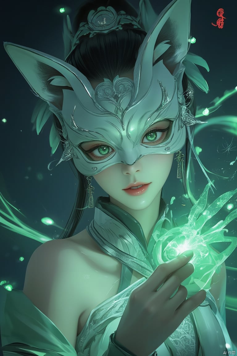 A stunning Chinese ancient style girl with a clean face, wearing an elegant half face fox mask, holding a paper talisman in her hand, surrounded by green light. The background is dark blue, surrounded by glowing Chinese symbols and a white fox mask. Her eyes emitted a bright green light, with a background of dark fantasies and bright colors. The detailed facial features and complex design create a dynamic posture, resulting in a stunning high-resolution, high contrast composition and full body portrait