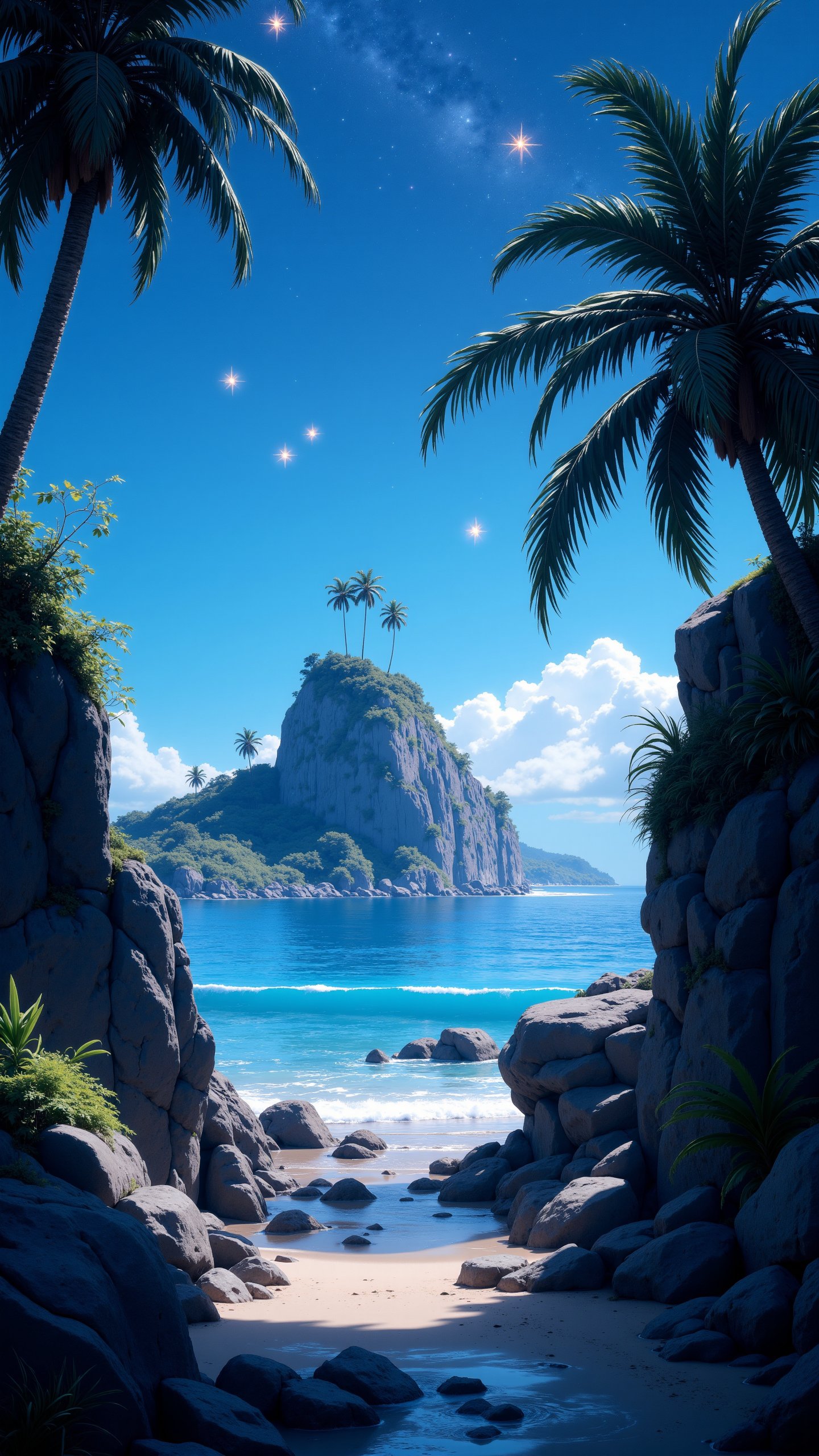 astroflux_v101, | digital render of mystical beach, watefall, sea, tropical island, palm trees, fireflys, rock path,